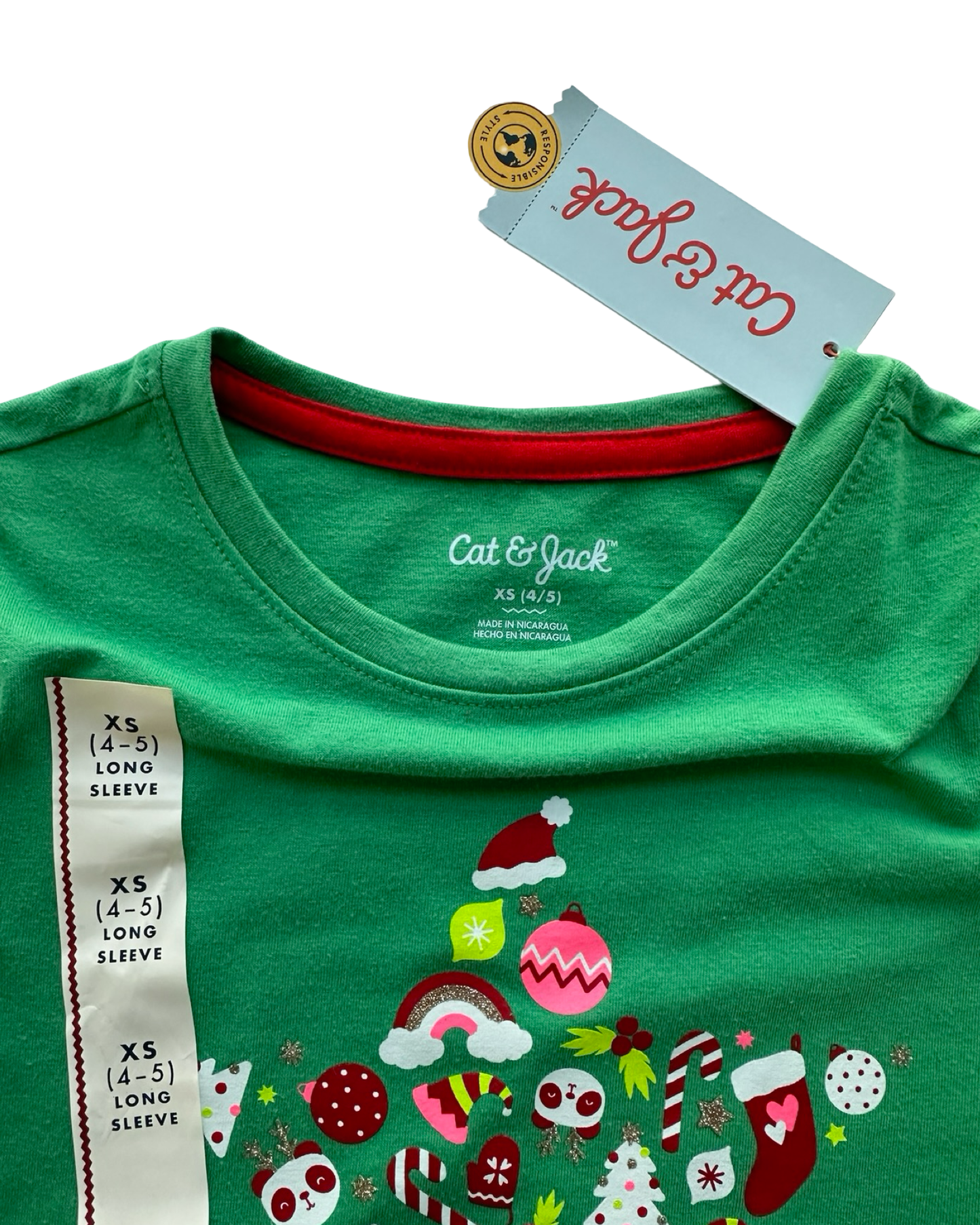 XS 4T-5T Toddler Girl Cat & Jack Glitter Panda Holiday Tree Shirt NWT