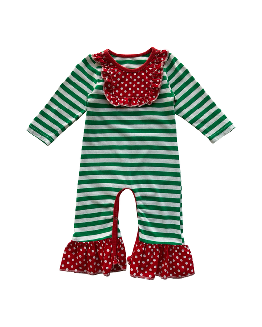 NB - 0-3M Baby Girl Christmas Striped And Polka Dots Romper