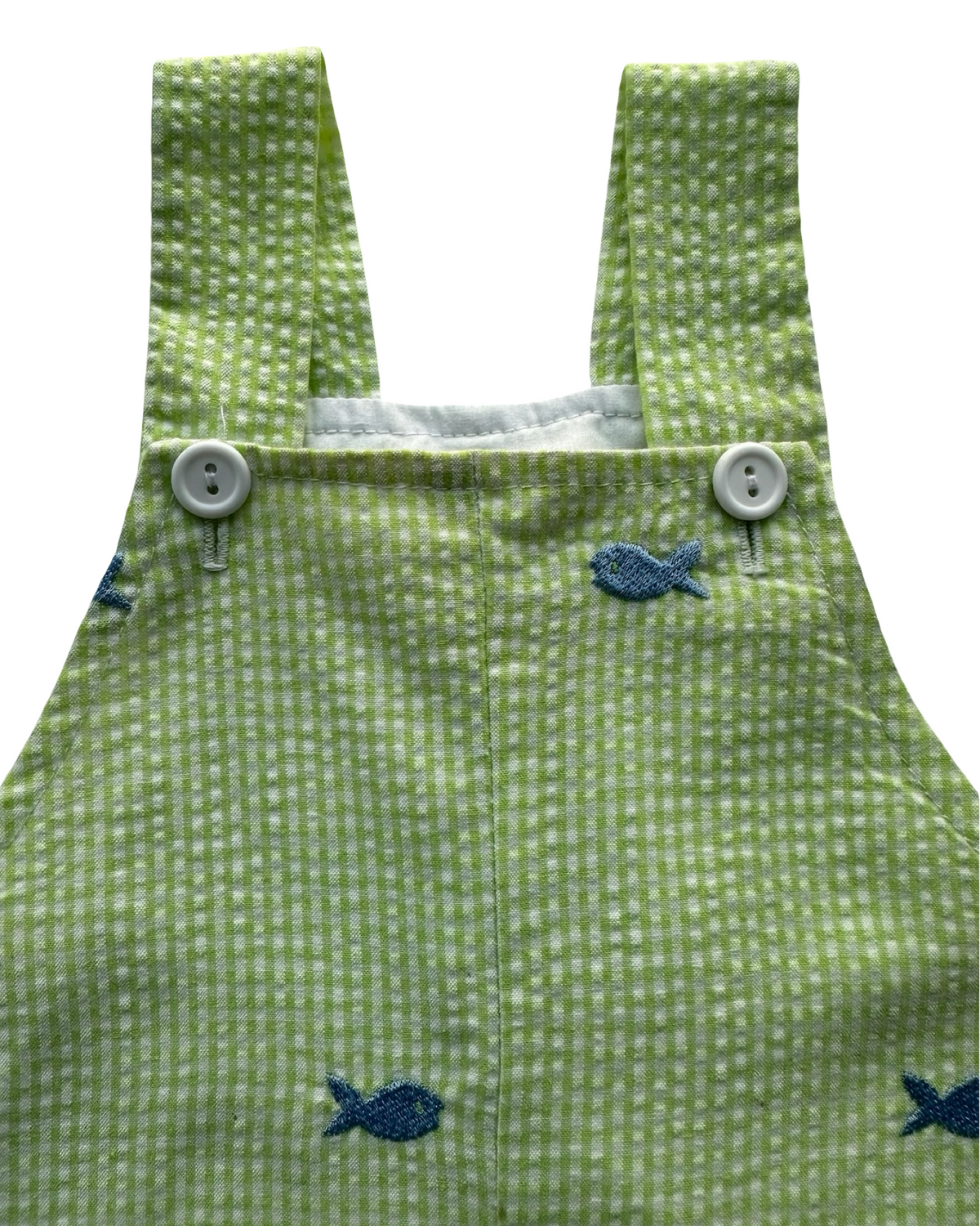 12M Baby Boy Funtasia Too Dallas Gingham Fish Embroidered Overalls Romper.