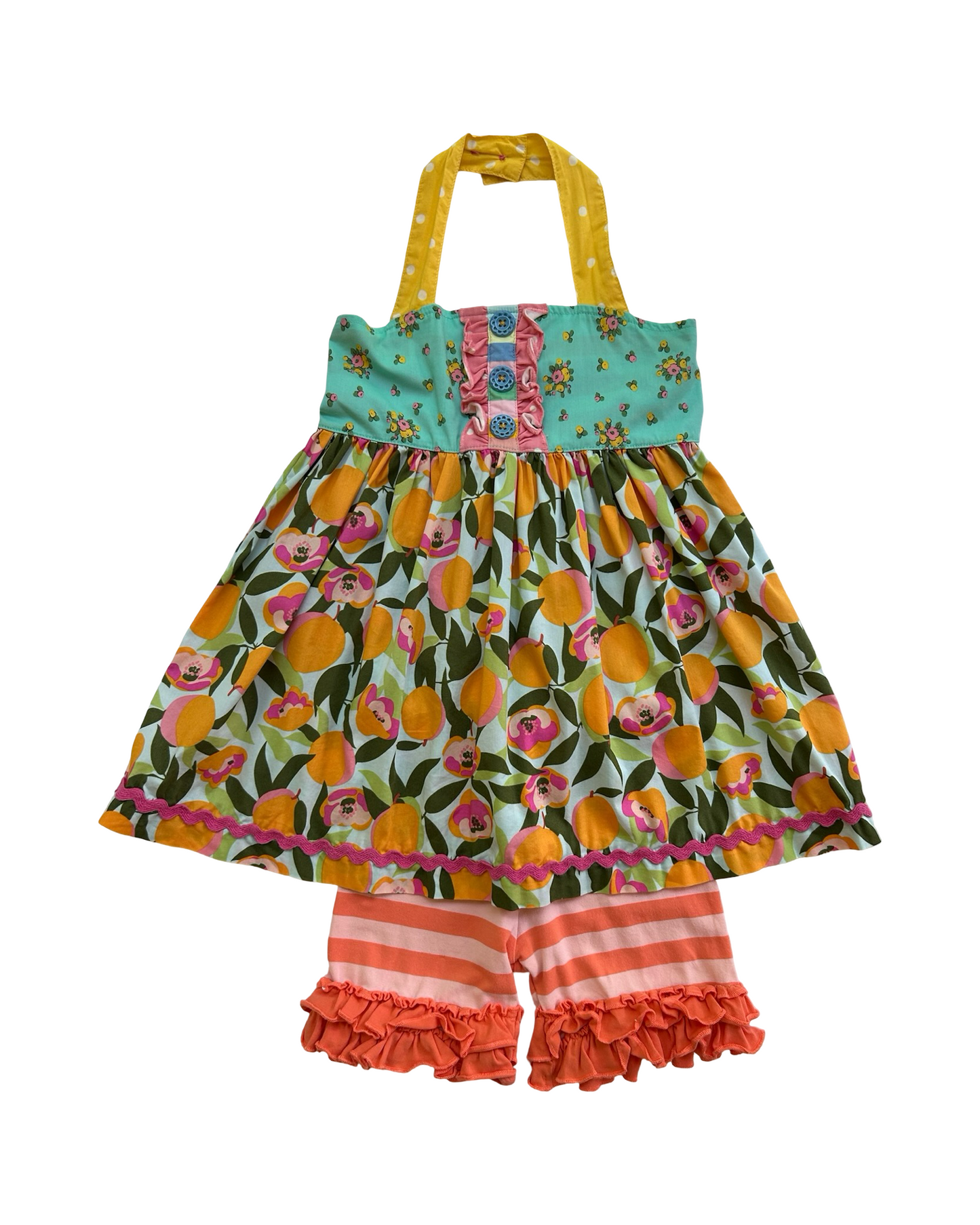 4T Toddler Girl Matilda Jane You’re A peach Halter Tunic Top And Stripe Ruffle Short 2 Piece Set.