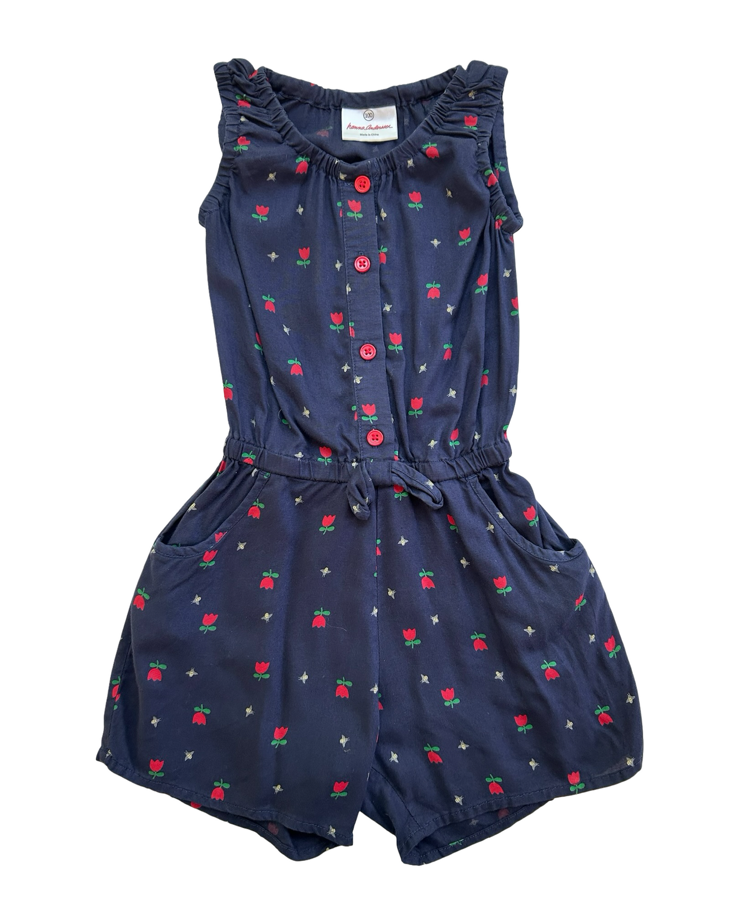 (100-cm) 4T Toddlers Girls Hanna Andersson Tulips 🌷 And Bee 🐝 Print Romper.