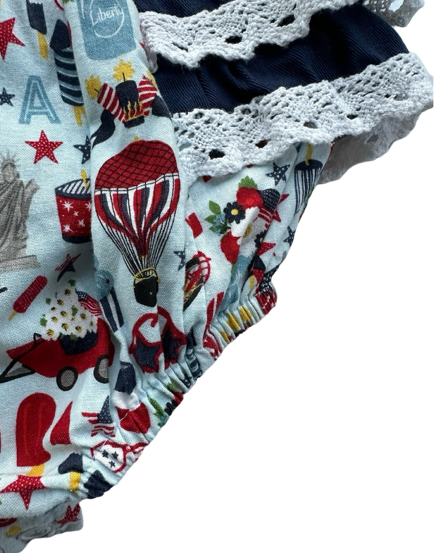 12M Baby Girl Patriotic American Ric Rac & Ruffles Bubble with Monogramed "A"