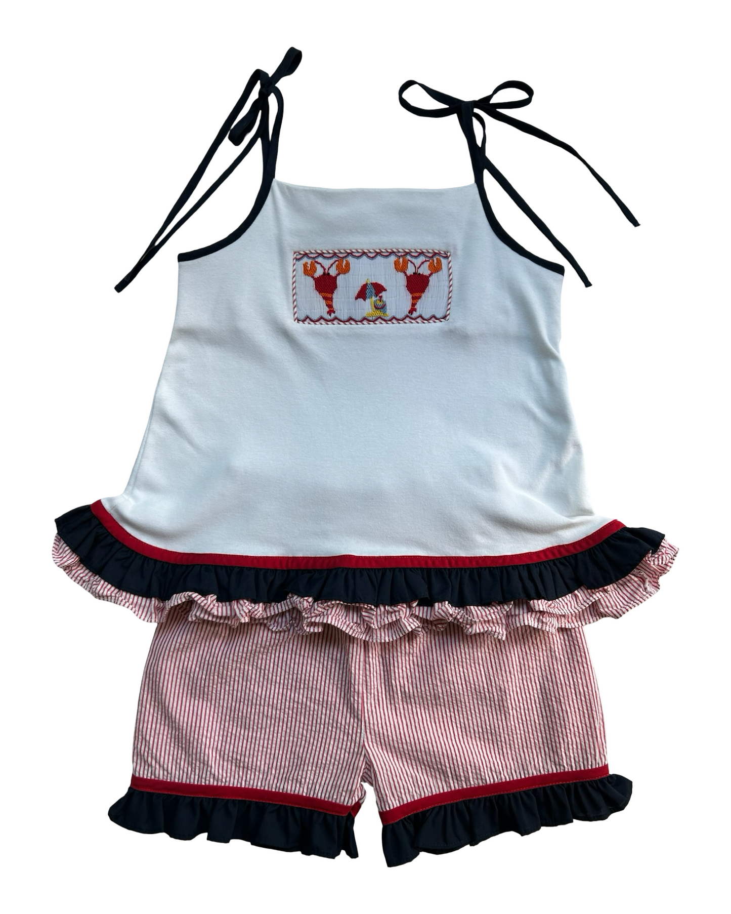 6T Toddlers Girls Zuccini Top Lobster 🦞🦞 Embroidered Shoulder And Striped Ruffle Short.