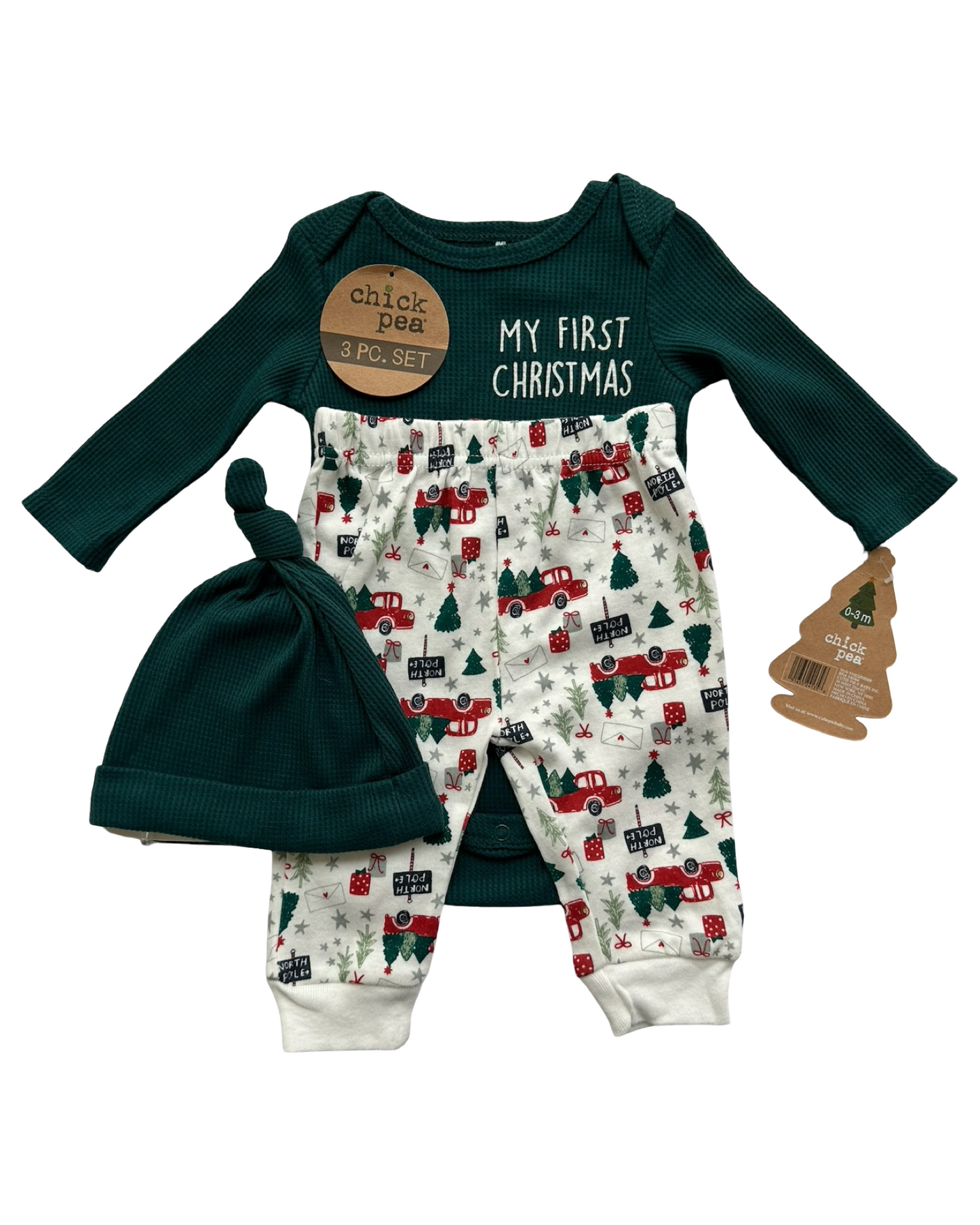 0-3M New Born Baby Boy ChickPea My First Christmas 3 Pieces Set Pajama NWT.