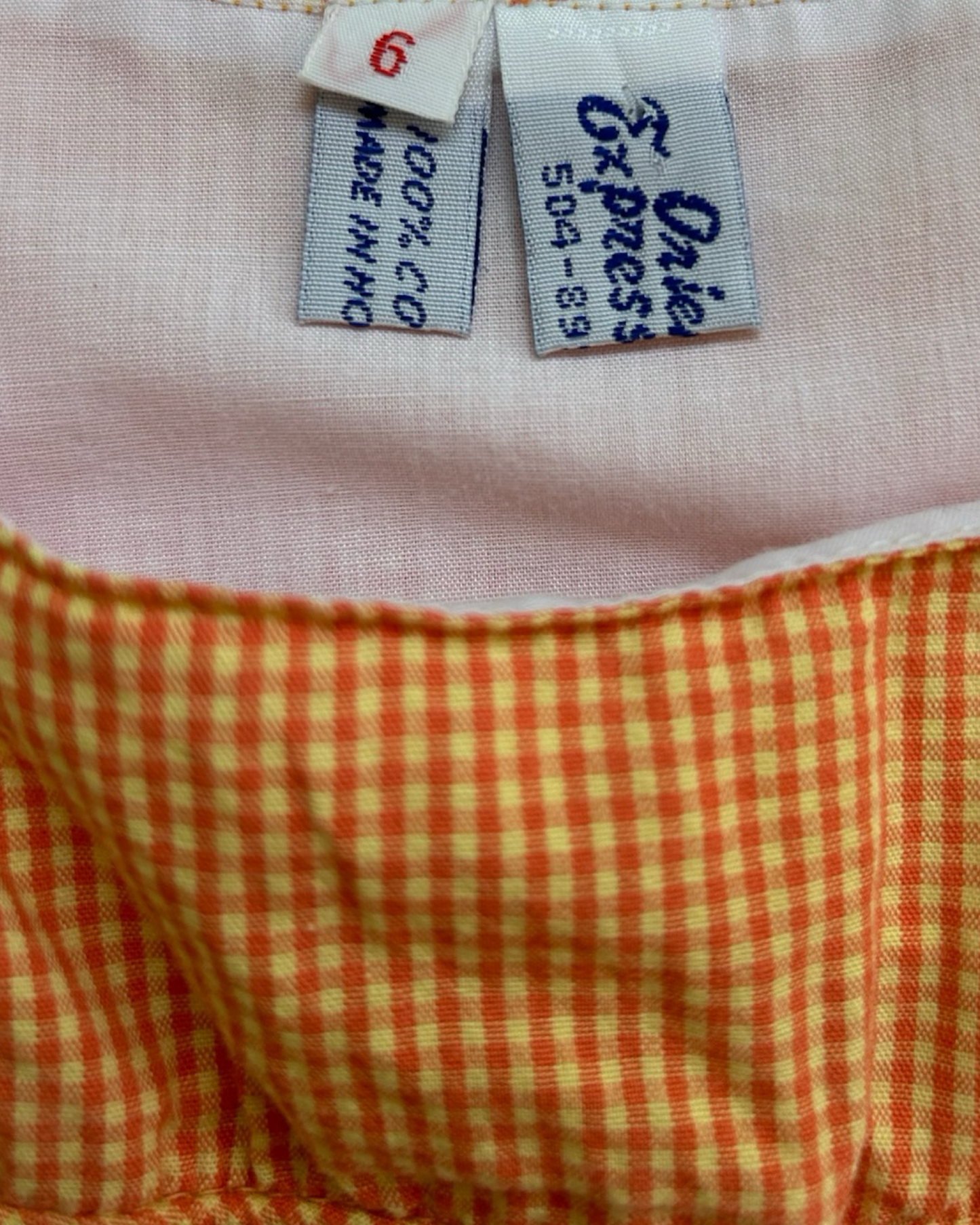 6 Toddlers Girls Orange Gingham Smocked Palm Trees Beach Dress.