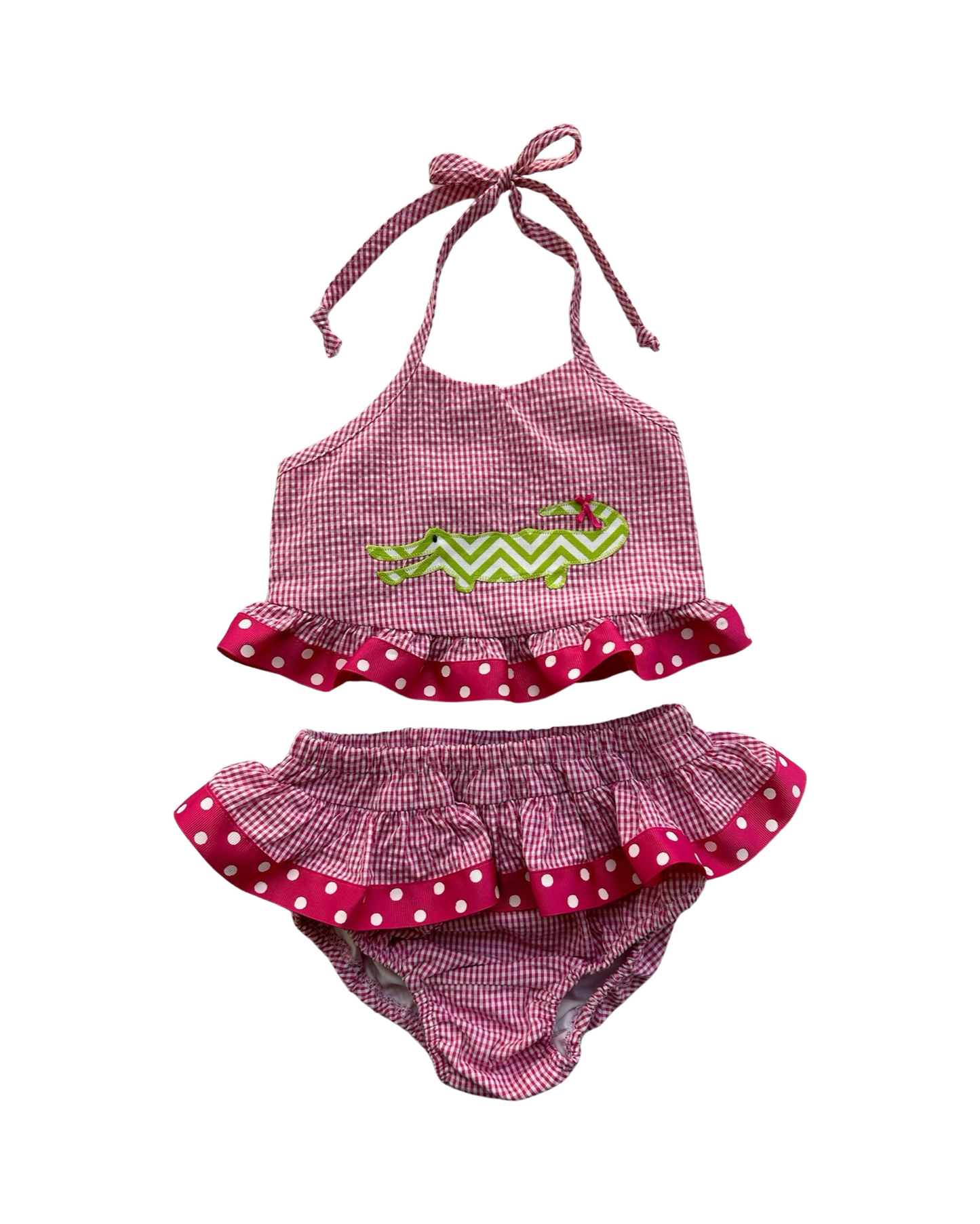 6x Toddlers Girls Funtasia Too! Pink Seersucker Alligator Appliqué Bikini Swimsuit 2 piece Set.