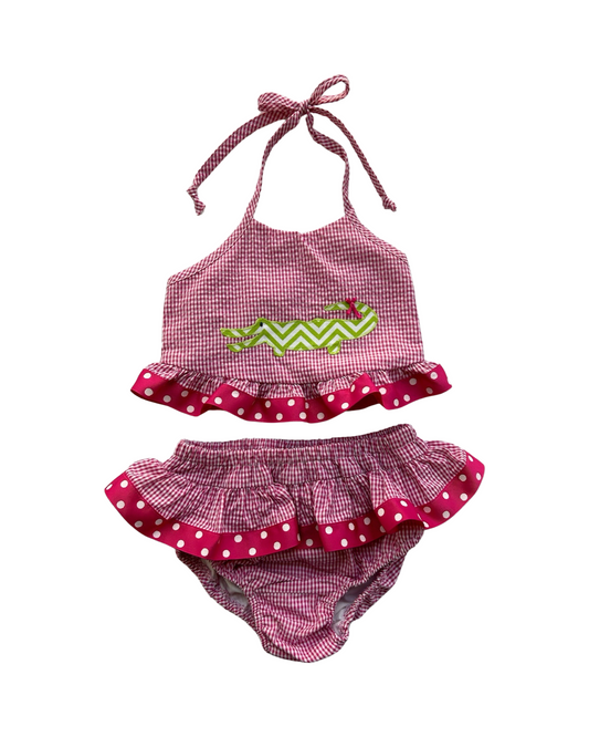 6x Toddlers Girls Funtasia Too! Pink Seersucker Alligator Appliqué Bikini Swimsuit 2 piece Set.