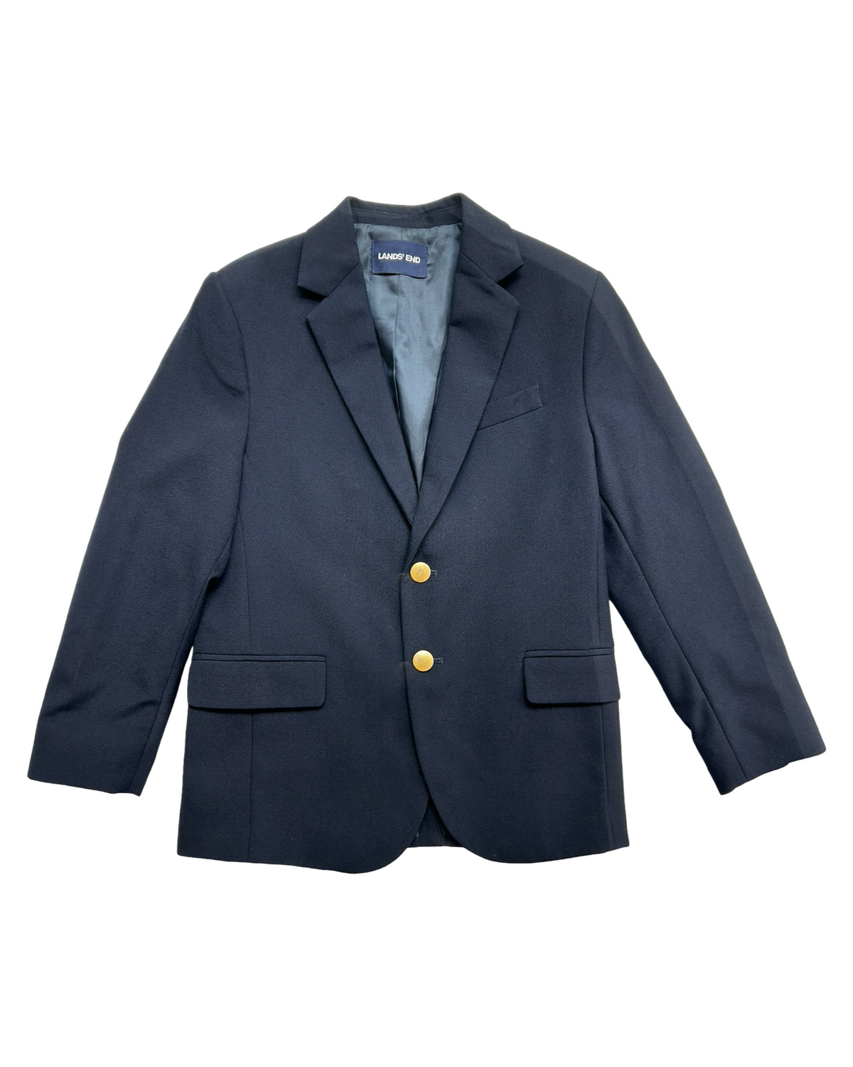 10Y Young Boys Lands’ End Blazer Jacket Navy Blue 45% Wool Lined Brass Buttons.