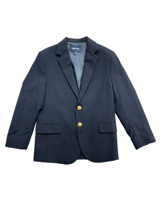 10Y Young Boys Lands’ End Blazer Jacket Navy Blue 45% Wool Lined Brass Buttons.