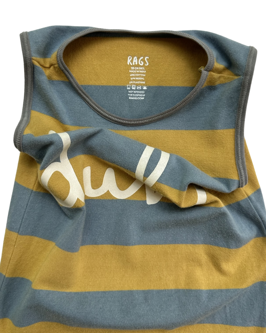 18-24M Baby Boy RAGS to Raches Blue / Mustard Yellow Striped Duh Tank Romper