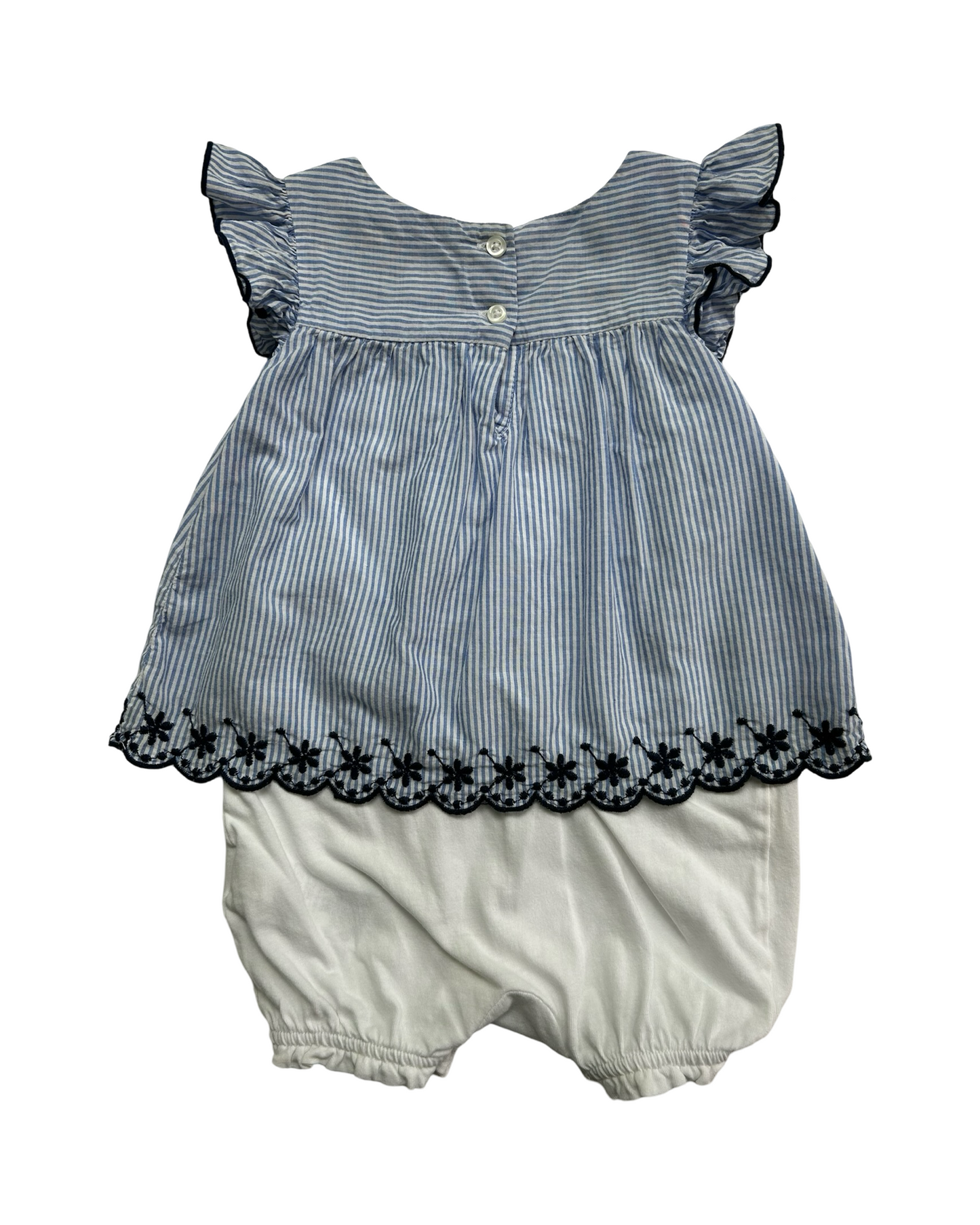 3M-6M Baby Girl Baby Gap Light Blue / White Striped Onesie Embroidered Dress One Piece.