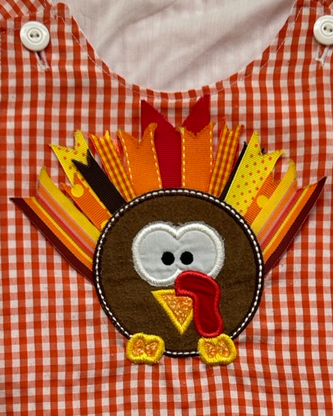 6-12M Baby Girl Thanksgiving Turkey Appliqué Orange Gingham Dress