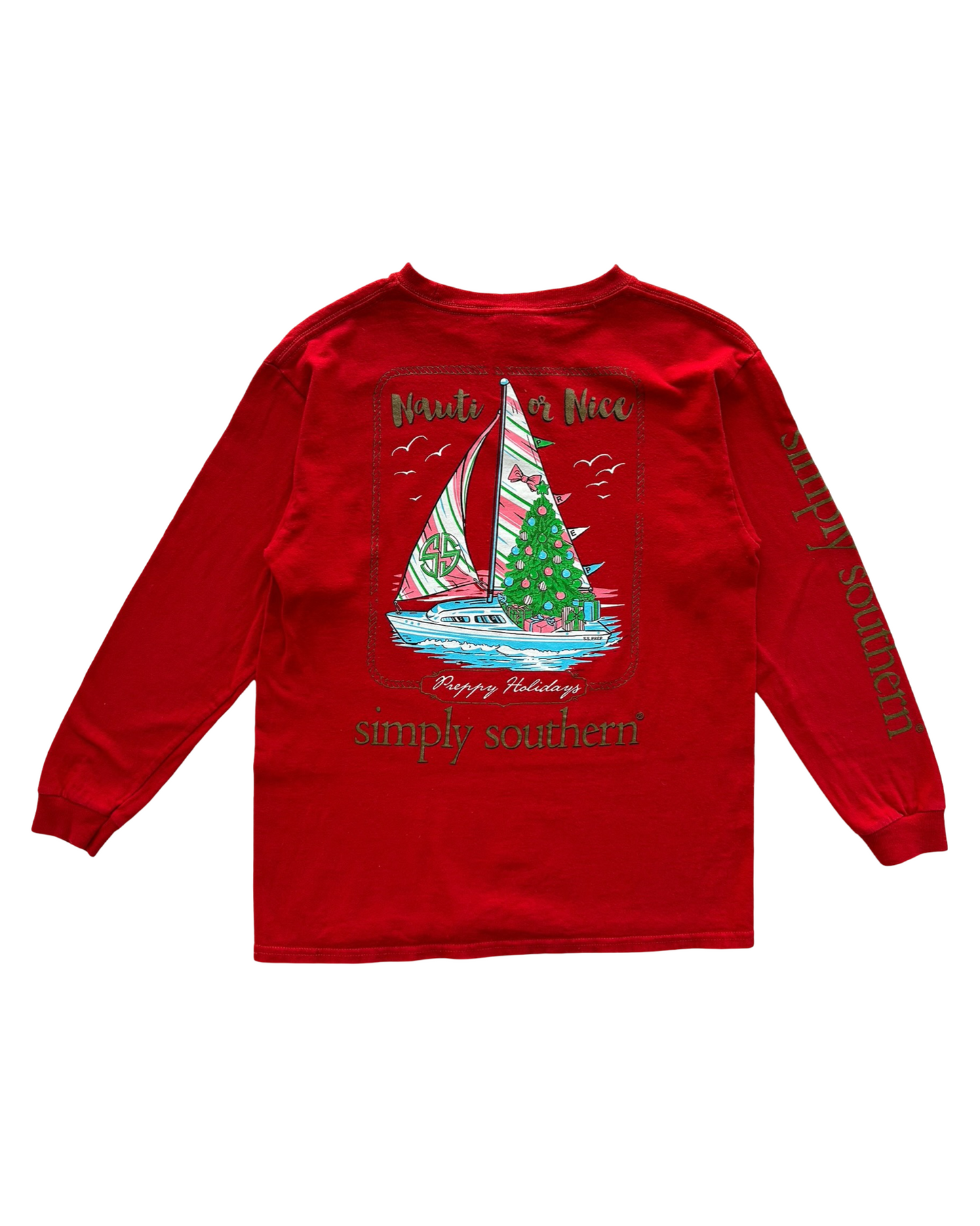 Medium 8 -10Y Simply Southern “Nauti or Nice Preppy Holidays” Long Sleeve T-Shirt.