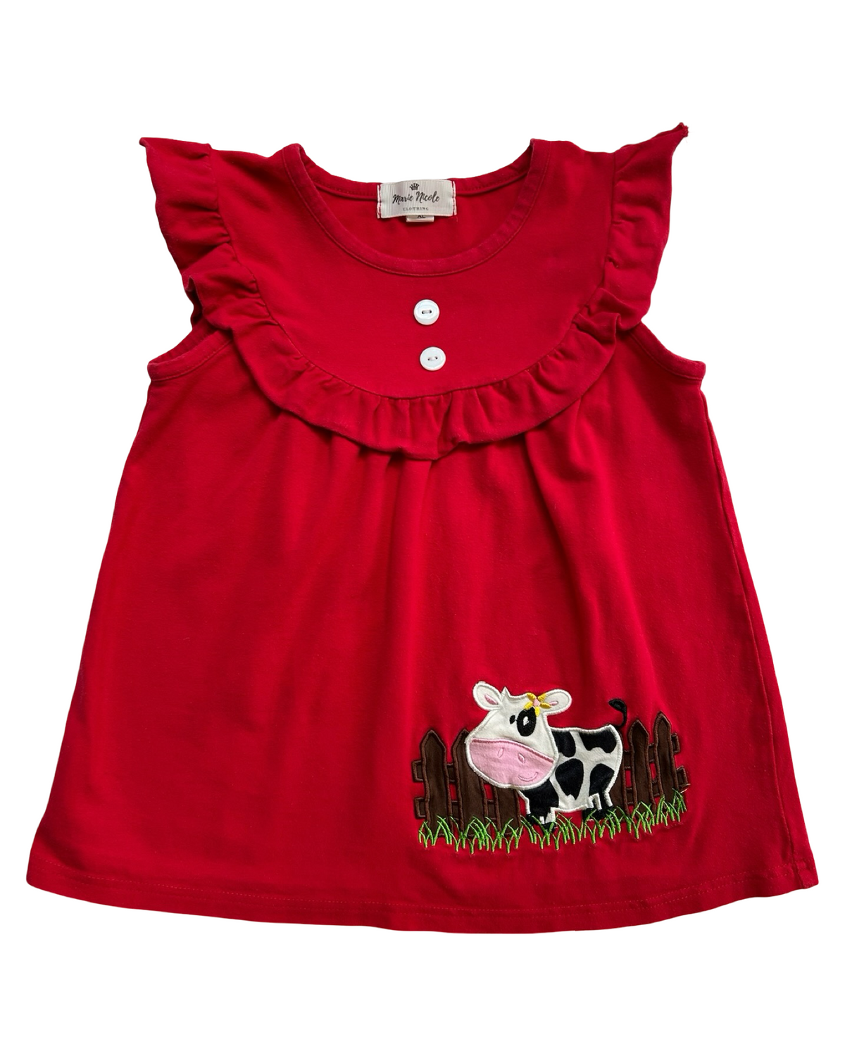 XL 6T Toddler Girls Marie Nicole Clothing Set 3 Piece, Dots Watermelon 🍉 Embroidered Dress, Cow Appliqué Dress And Red Ruffle Shorts.