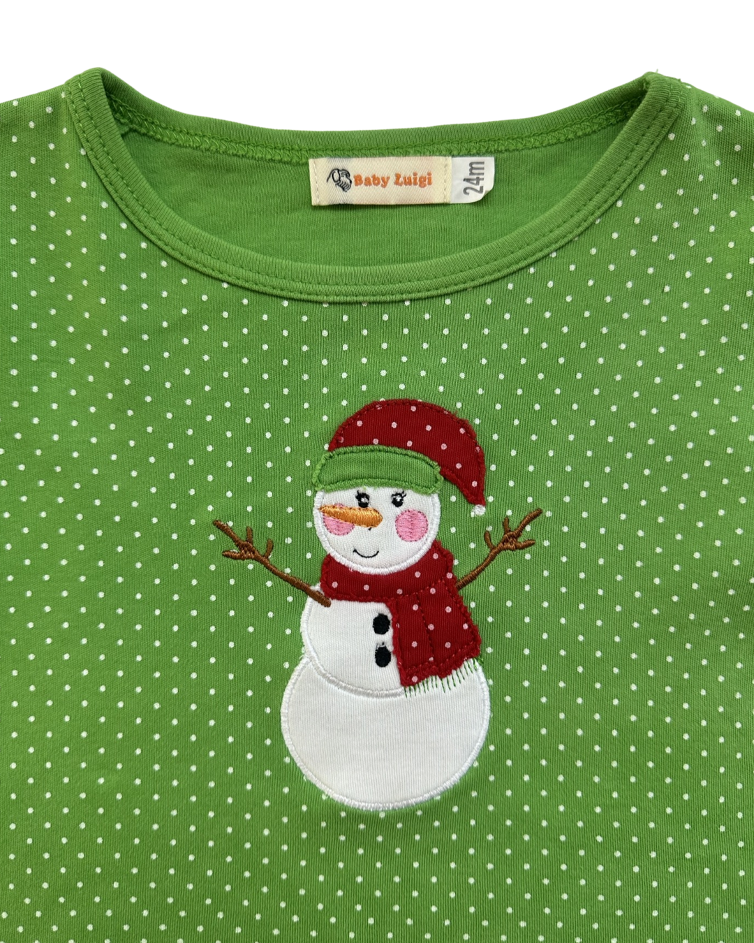 24M Baby Girl Green Polka Dot Luigi Snowman Long Sleeve Shirt