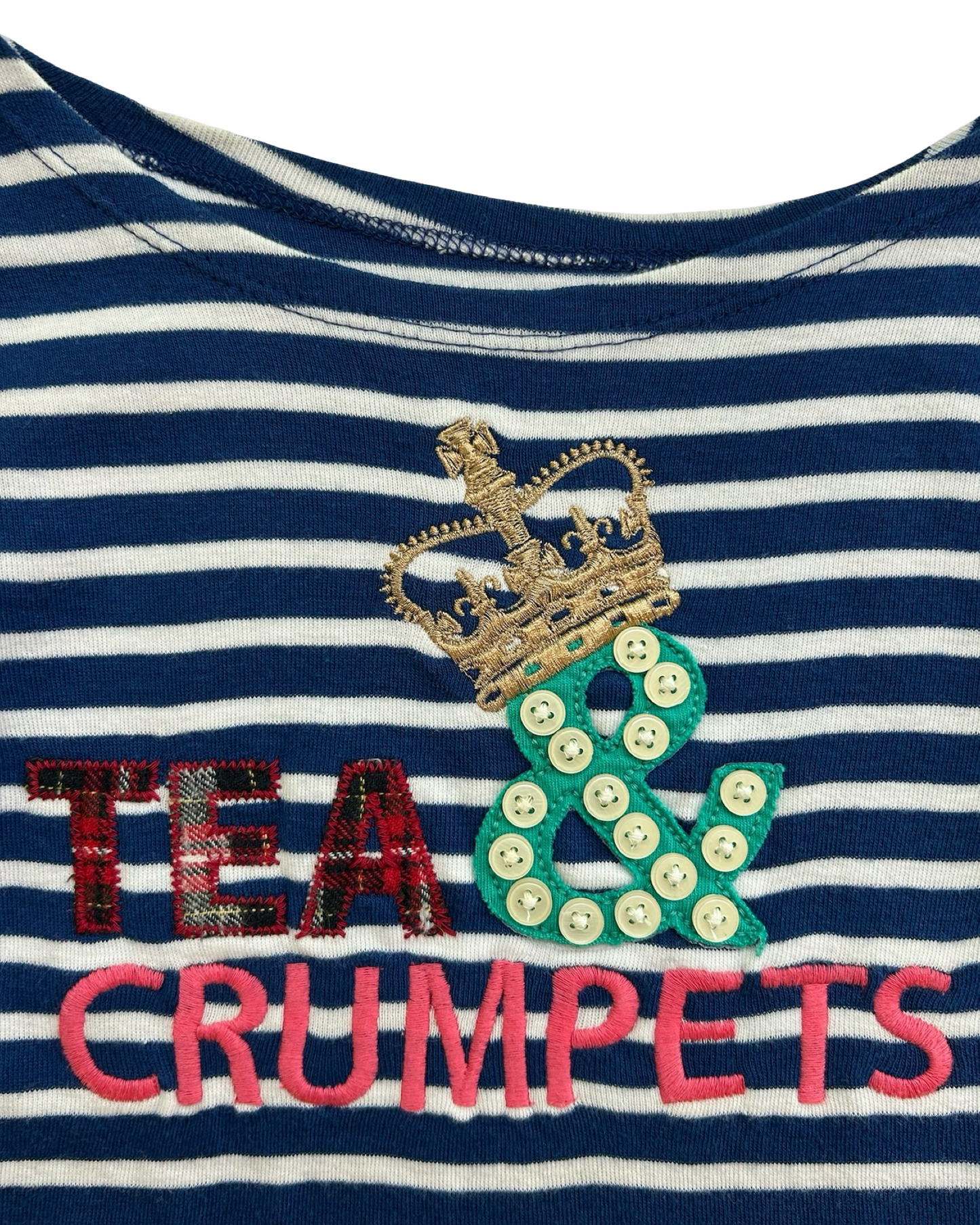 4-5 Toddlers Girls Mini Boden Tea And Crumpets Embellished Breton 3/4 Sleeves Tee Shirt.