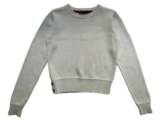 6X Girls Ralph Lauren Ivory Knit Crew Neck Sweater With Button Pullover.