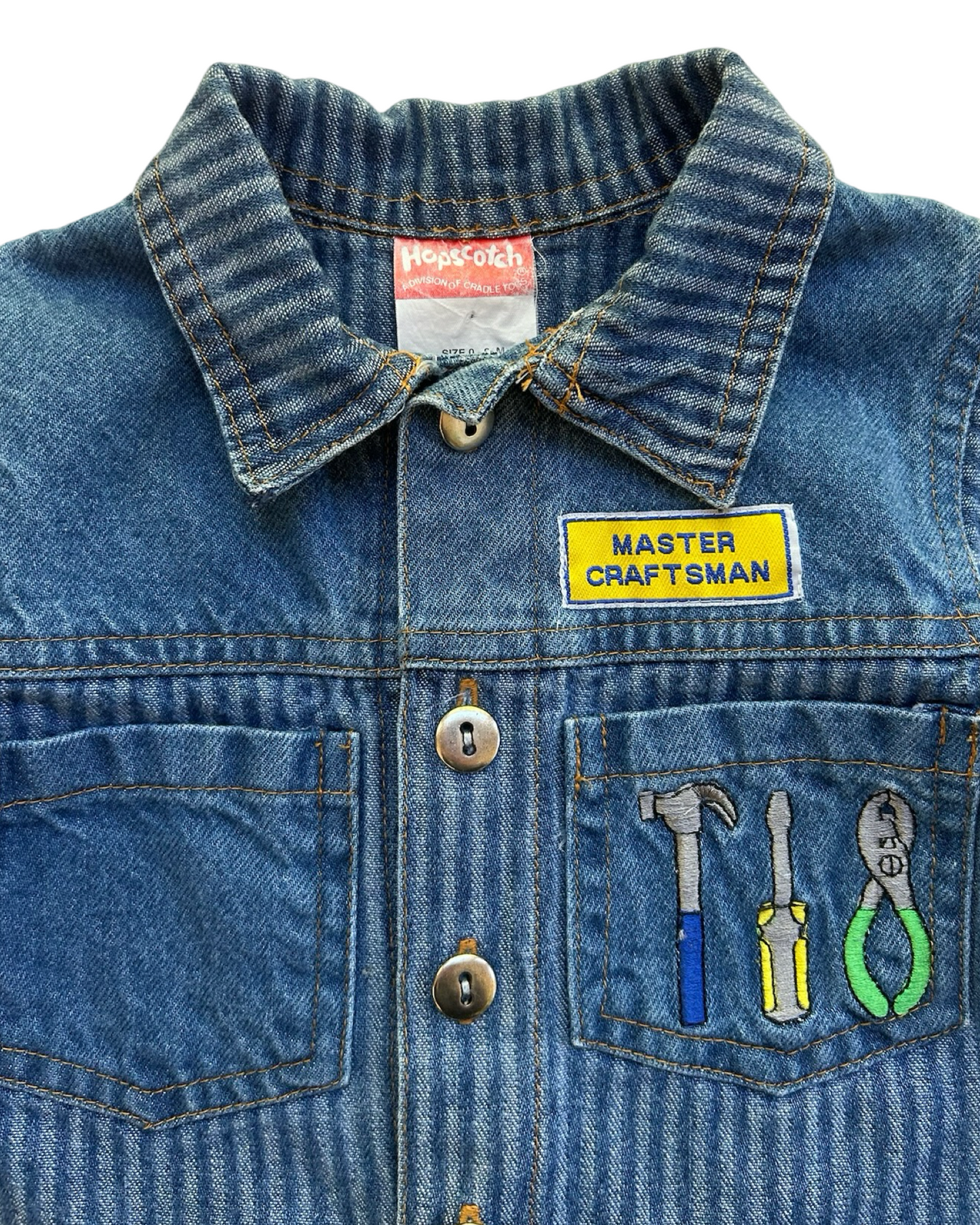 0-6M Baby Boy Denim HopScotch Master Craftsman Vintage Romper