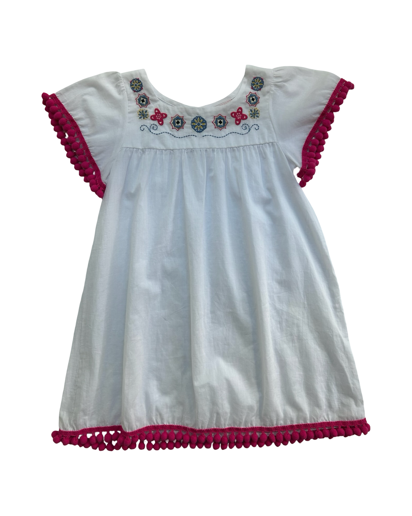 4 Toddlers Girls Floatimini Embroidered Angel Sleeve Pompoms Cover Dress.