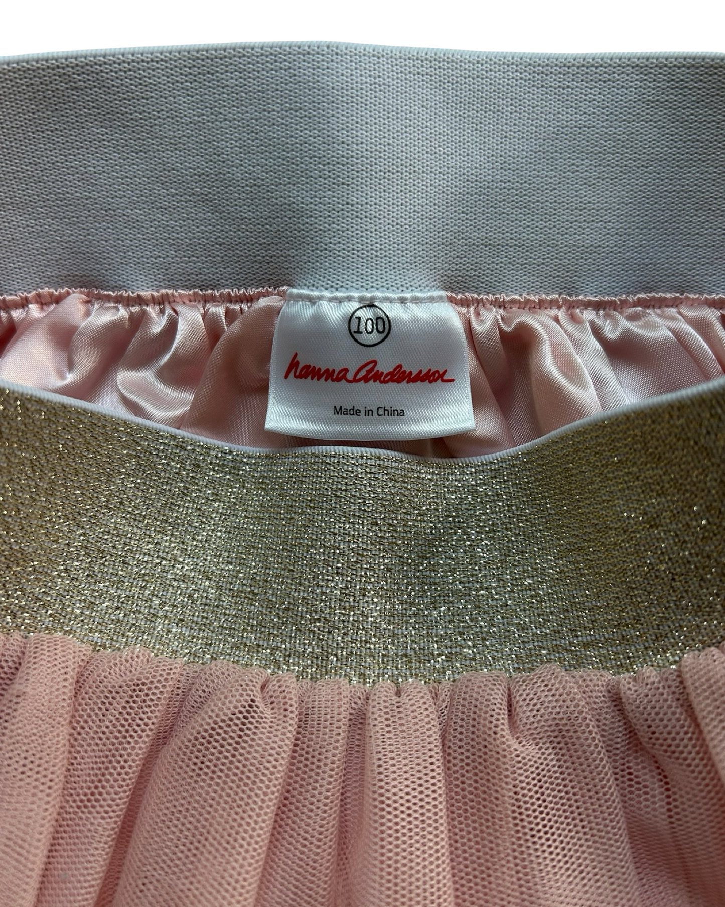 100CM - 4T Toddler Girls Hanna Andersson Tutu Twirl Skirt Soft Tulle Peach With Shimmery Elastic Gold Waistband.