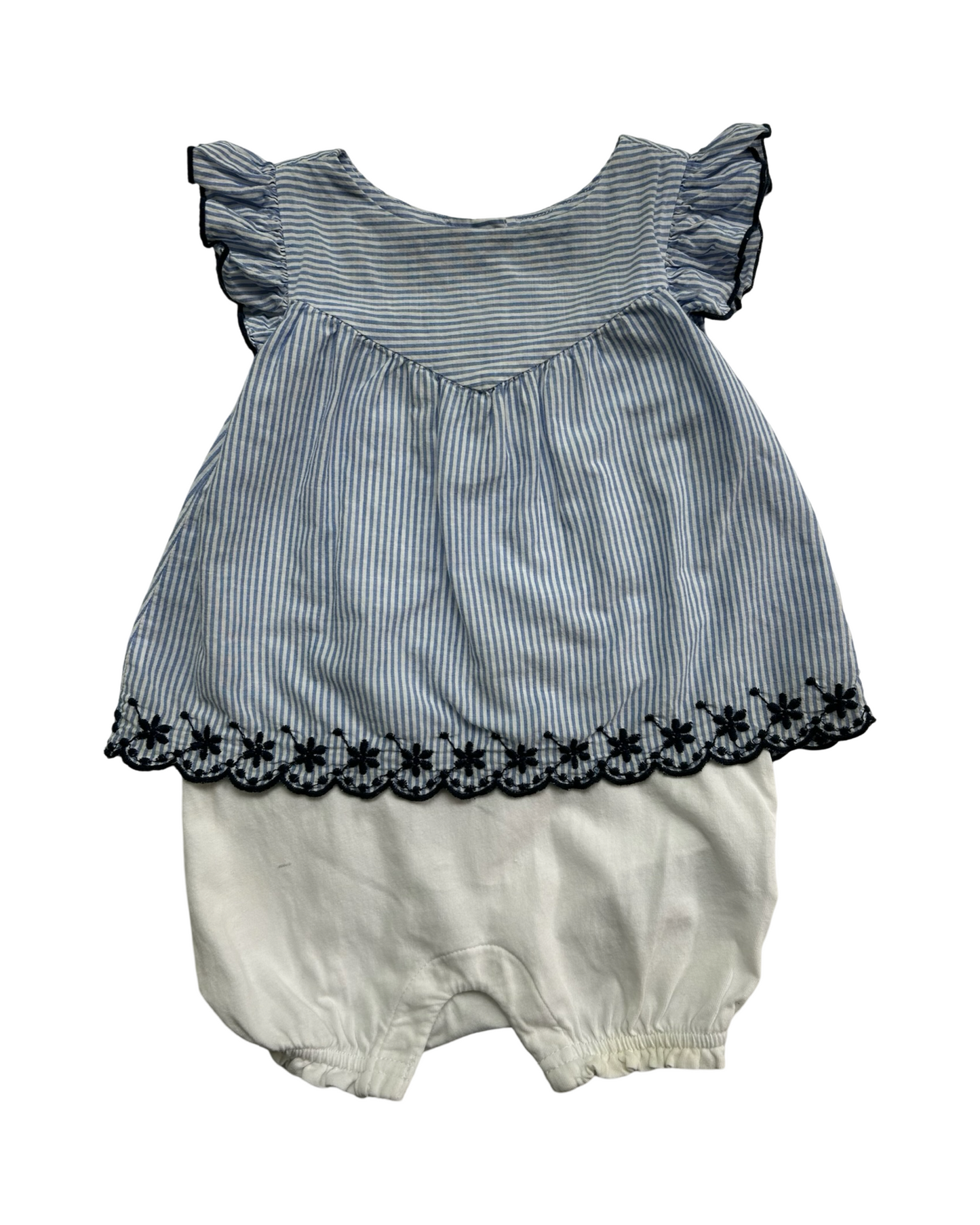 3M-6M Baby Girl Baby Gap Light Blue / White Striped Onesie Embroidered Dress One Piece.