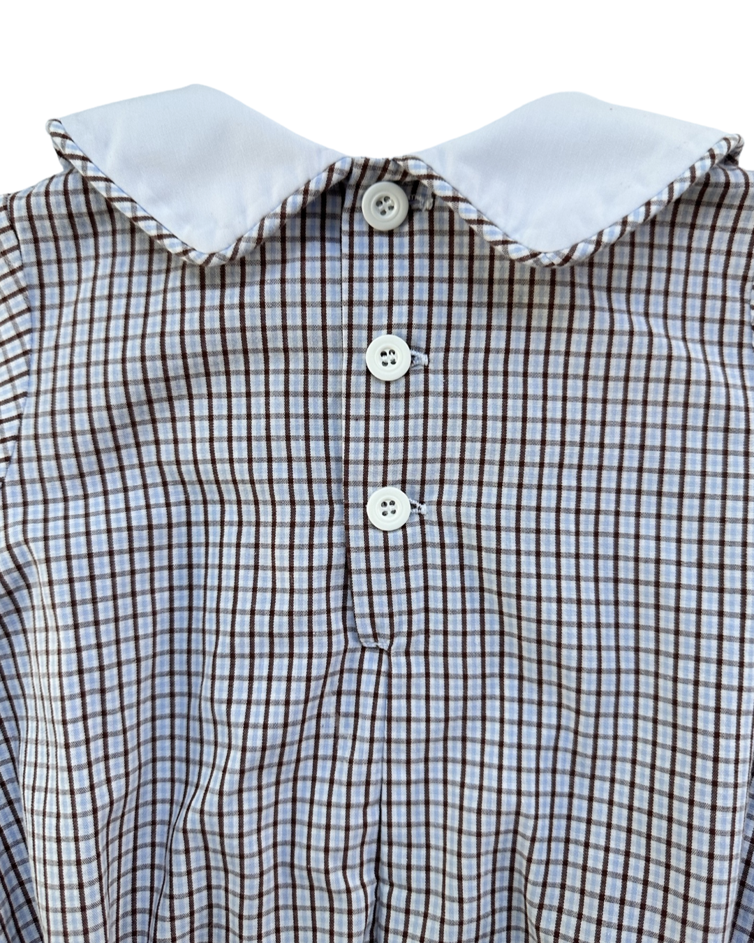 12M Baby Boy Boutique Remember Nguyen Brown and Light Blue Gingham Plaid Bubble with Classic Peter Pan Collar and Sand Castle Embroidery
