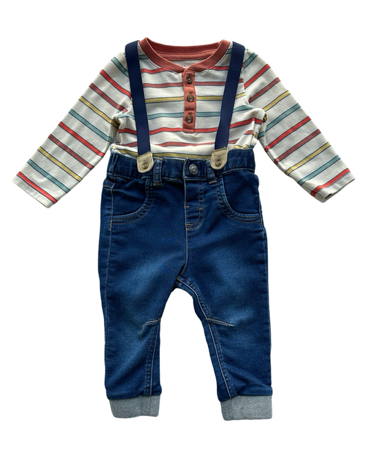 12M Baby Boys Cat & Jack Demin Suspenders Onesies Striped.