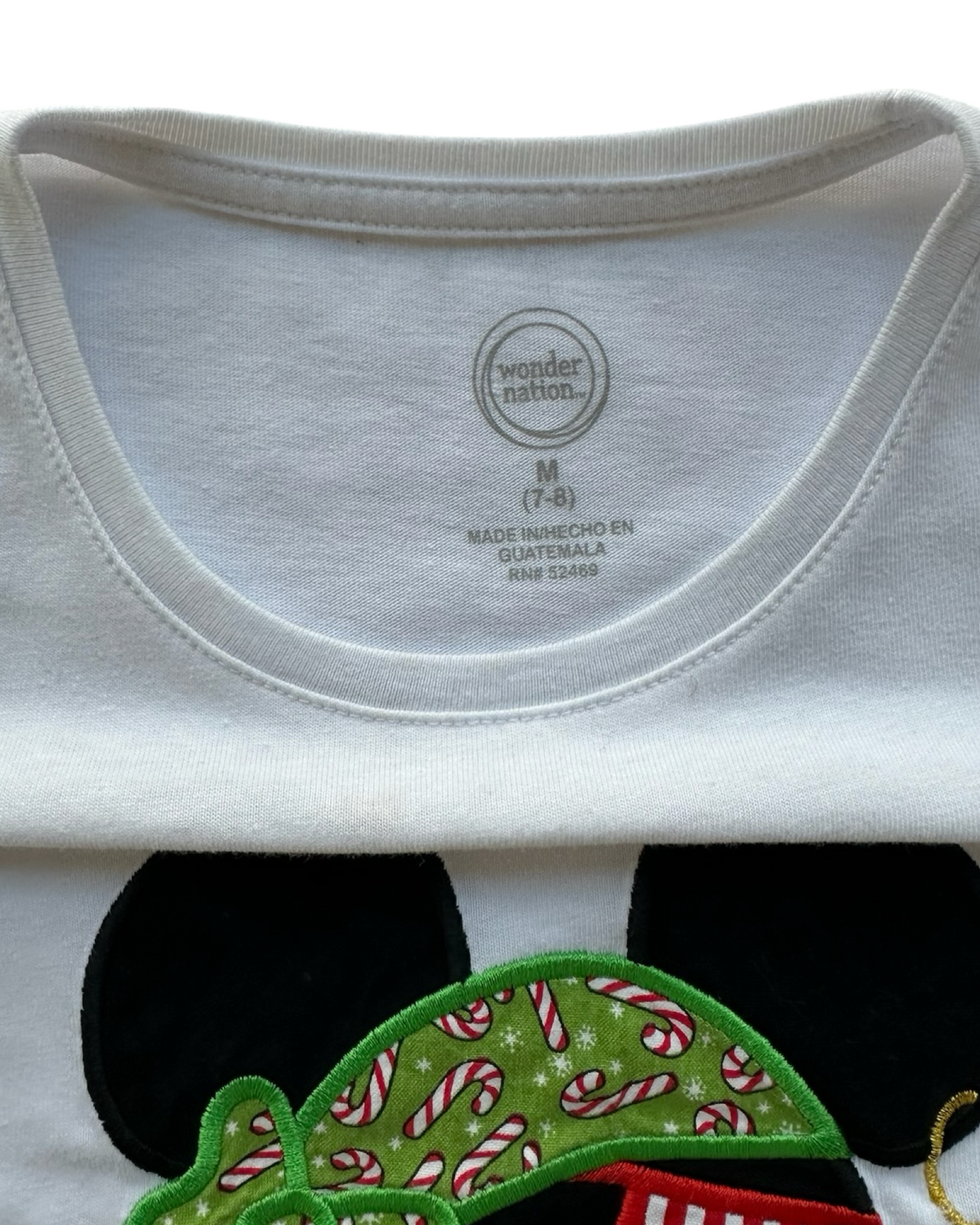 M 7Y-8Y Youth Girls Wonder Nation Christmas Phrase HO HO HO Mickey Mouse Green Bandana And Red Ornament Design