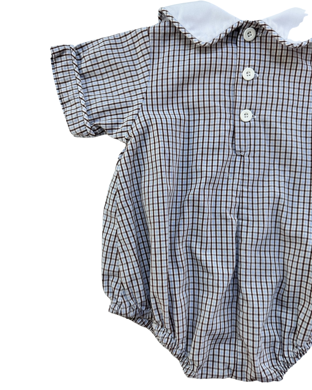 12M Baby Boy Boutique Remember Nguyen Brown and Light Blue Gingham Plaid Bubble with Classic Peter Pan Collar and Sand Castle Embroidery