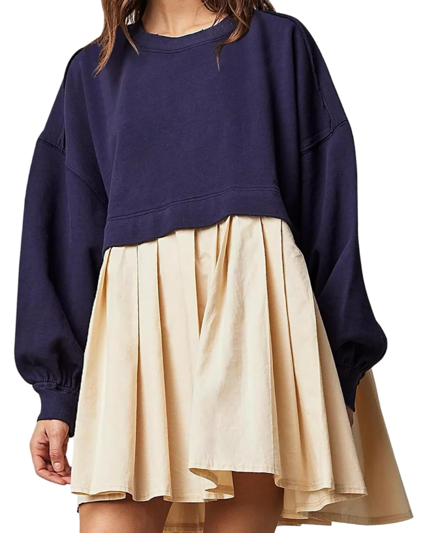 Women's Oversized Navy and Khaki Pleated Bottom Sweatshirt Dress Size Small