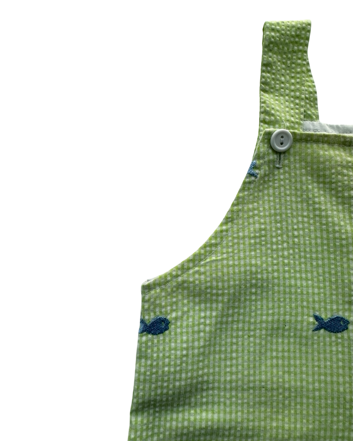 12M Baby Boy Funtasia Too Dallas Gingham Fish Embroidered Overalls Romper.