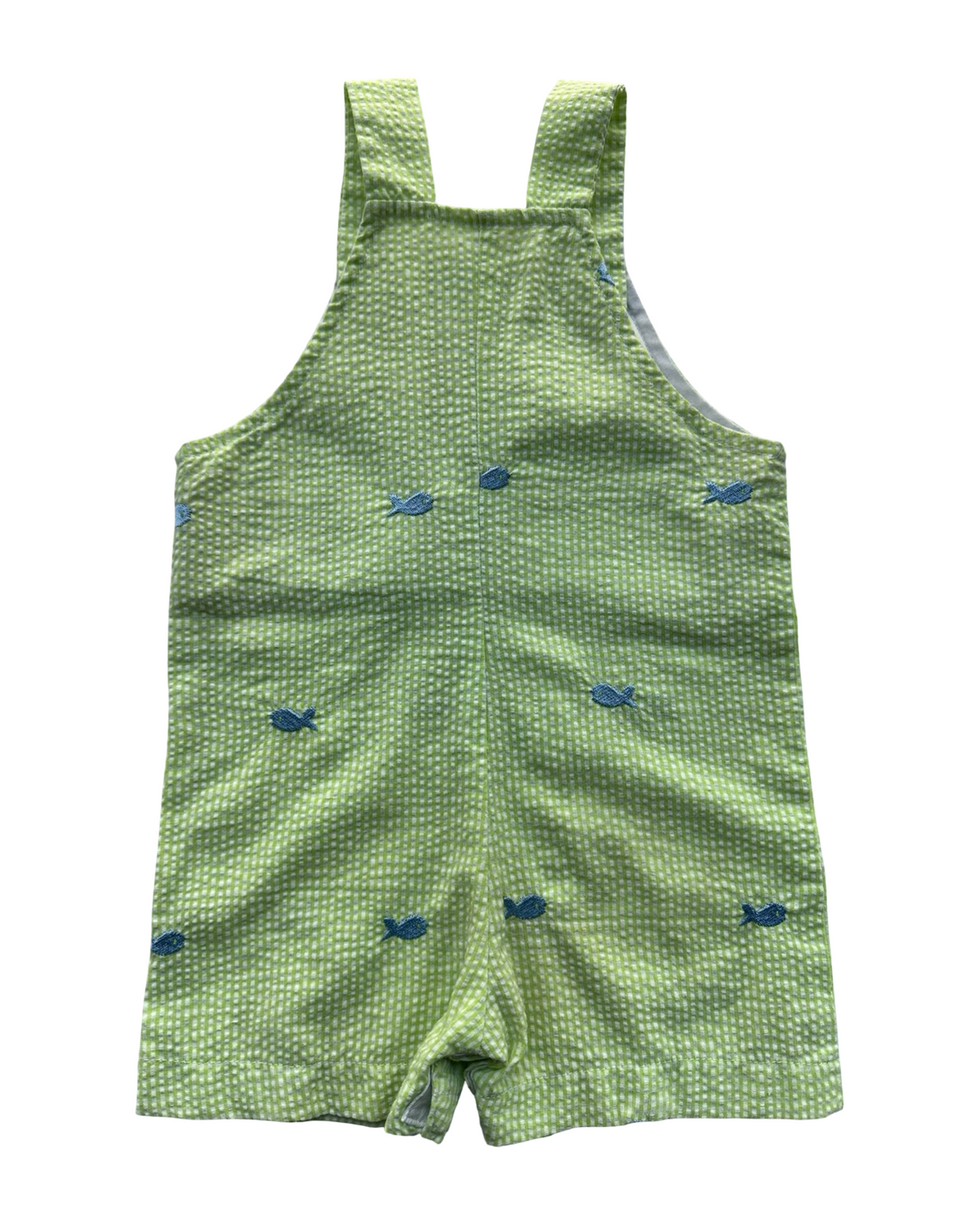 12M Baby Boy Funtasia Too Dallas Gingham Fish Embroidered Overalls Romper.