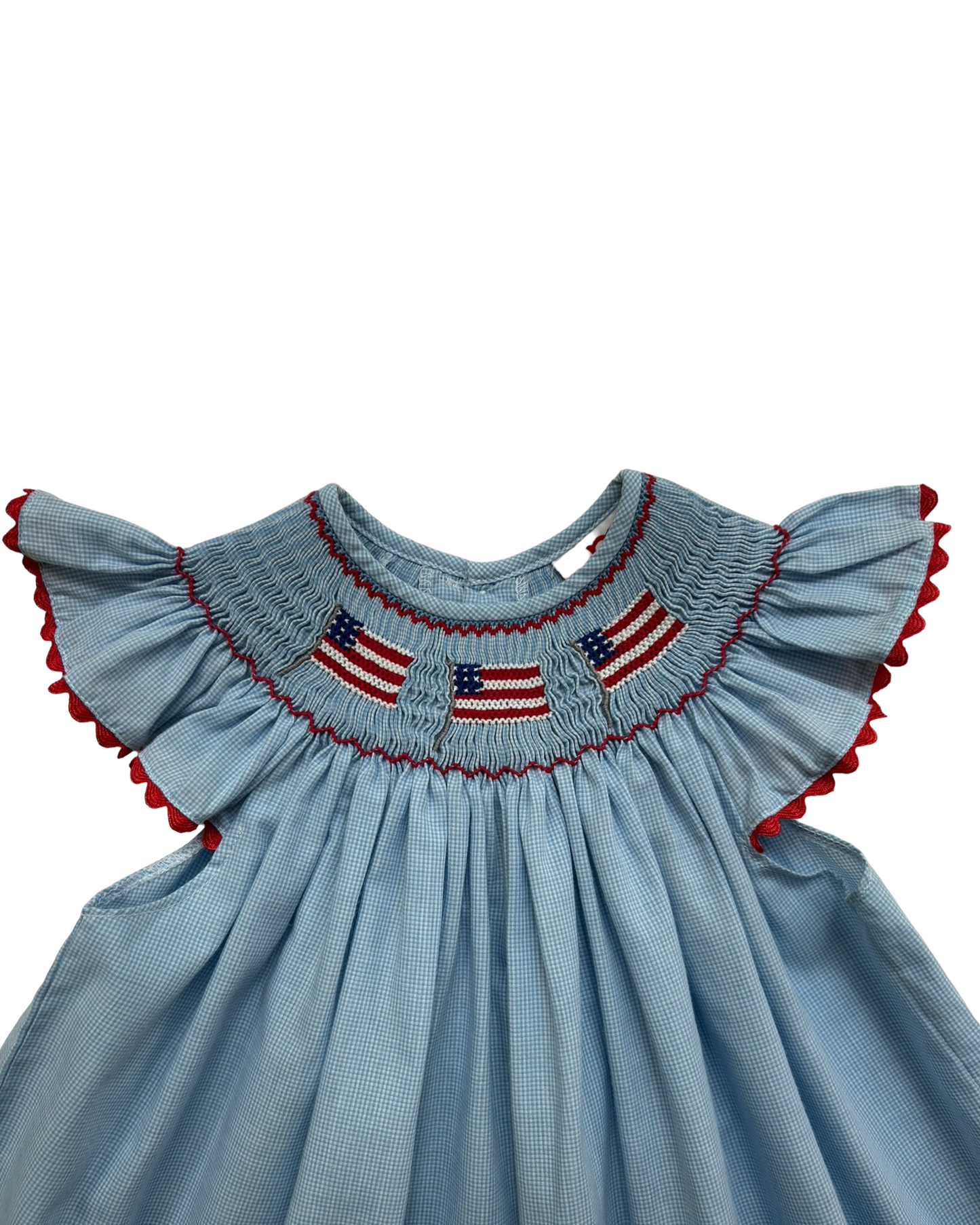 6M Baby Girls Mom & Me Patriotic Light Blue Gingham Flags 🇺🇸🇺🇸🇺🇸 Smocked And Ruffled Sleeves Dress