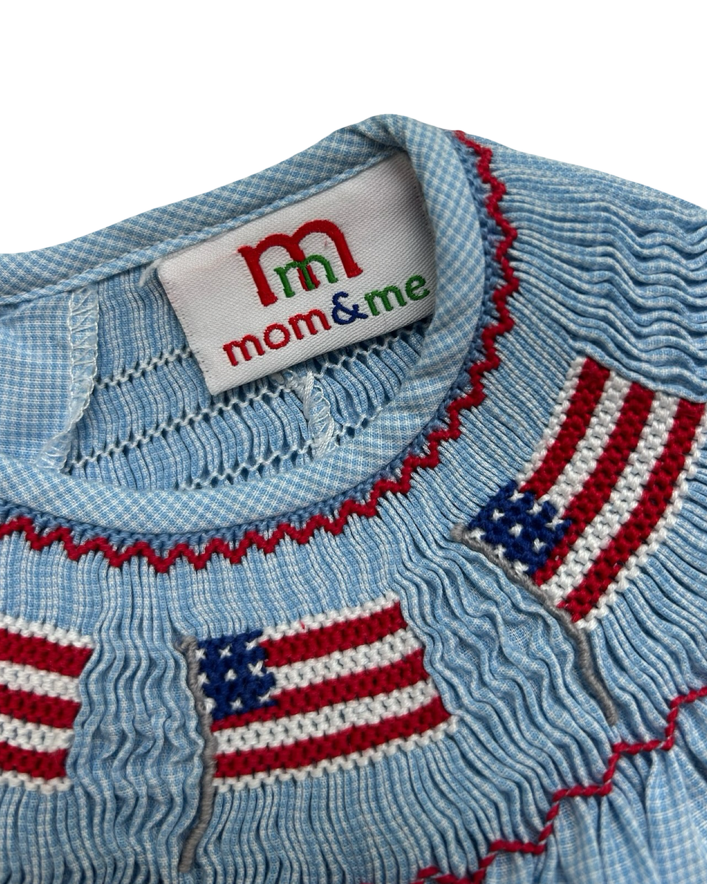 6M Baby Girls Mom & Me Patriotic Light Blue Gingham Flags 🇺🇸🇺🇸🇺🇸 Smocked And Ruffled Sleeves Dress