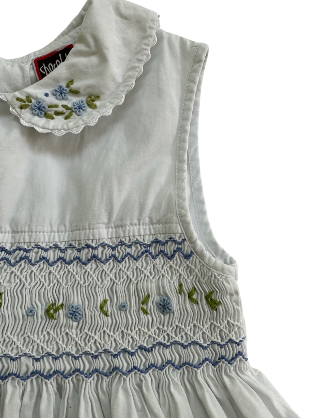 4T Toddler Girl Chocolate Soup White Smocked Dress with Blue Flowers
