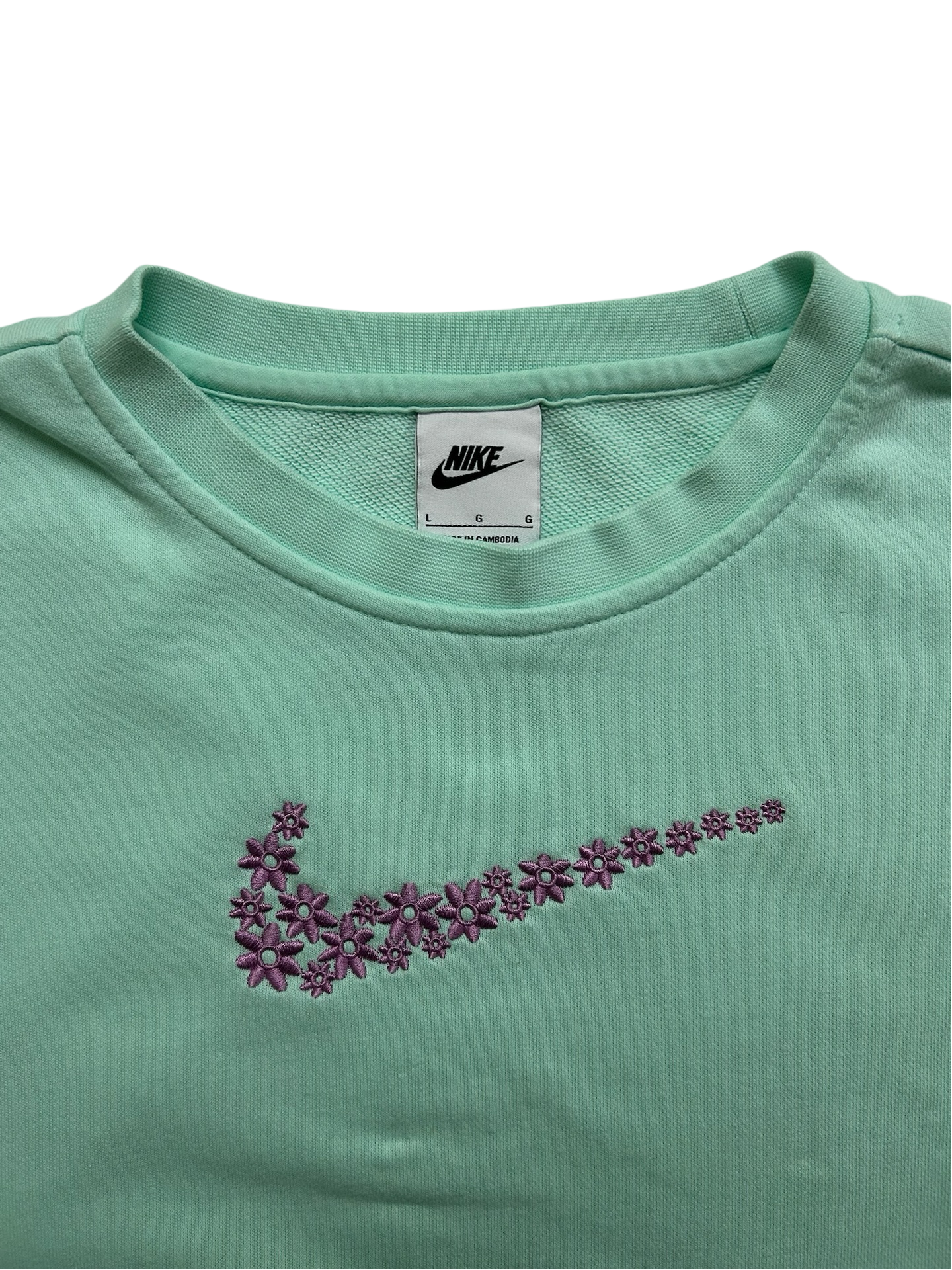 10Y /12Y Youth Girl Nike Size Large Aqua Sweatshirt w/ Emroidered Floral Logo
