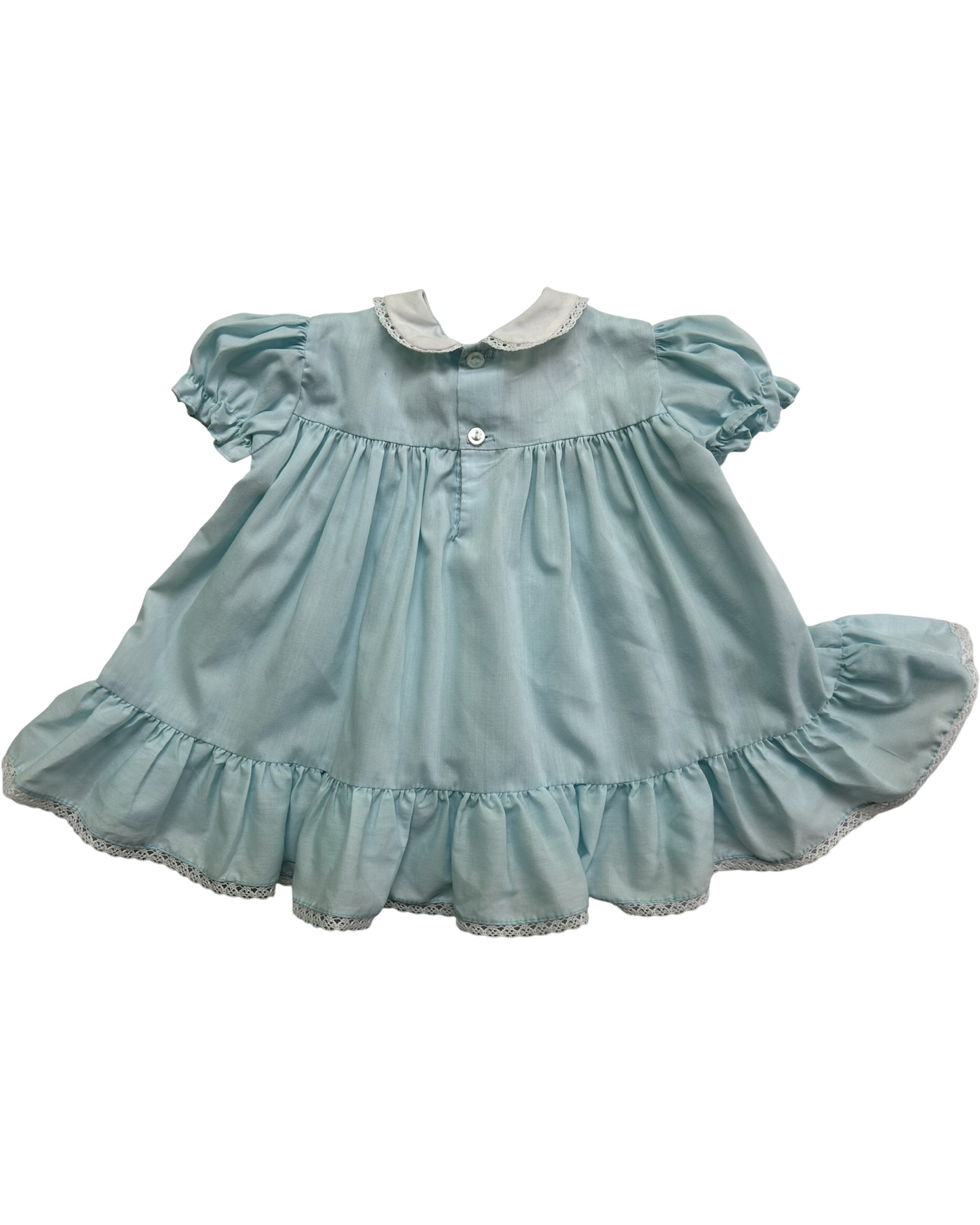 6M-12M Baby Girl Vintage Polly Flinders Blue Hand Smocked Dress.