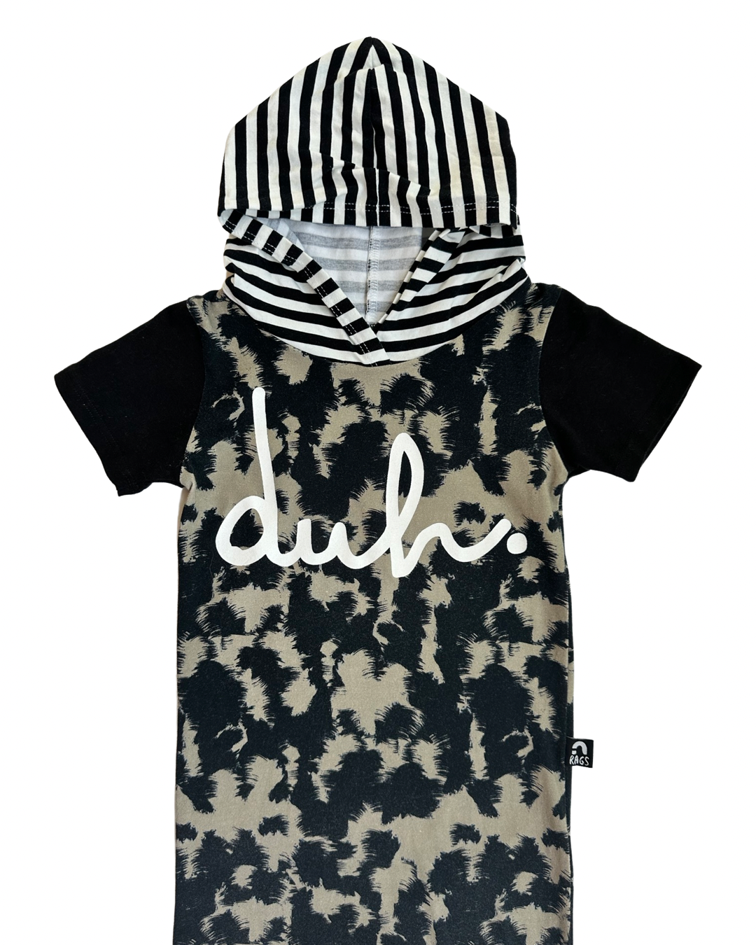 18-24M Baby Boy RAGS to Raches Black & Tan Hooded Duh Romper