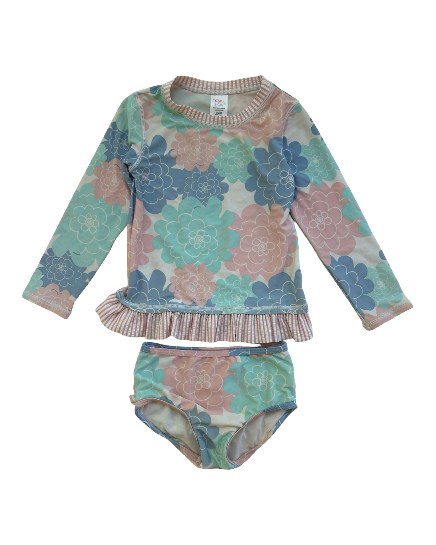 4T Toddlers Girls RuffleButts Pastel Floral Long Sleeve UPF 50 Rash Guard Bikini Swimsuit.
