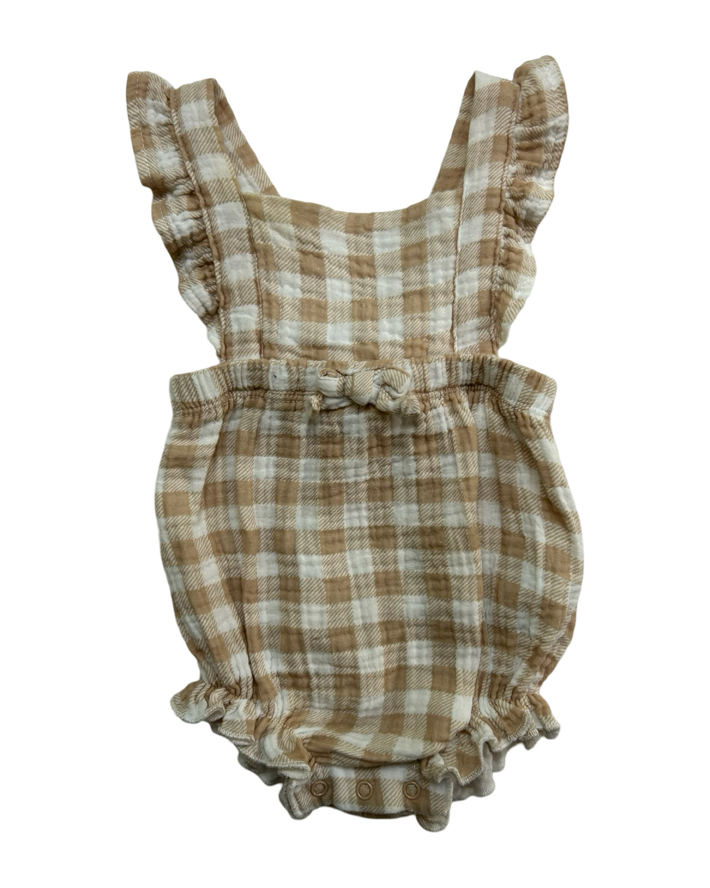 3-6M Baby Girl Emily & Oliver Tan Gingham Muslin Bubble Romper