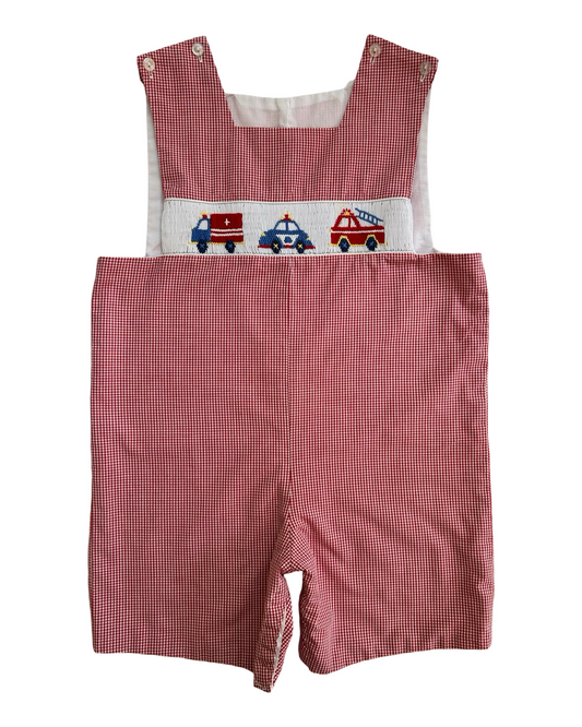 4T Toddler Boy Anavini Red Gingham Smocked Emergency Vehicles Jon Jon Romper