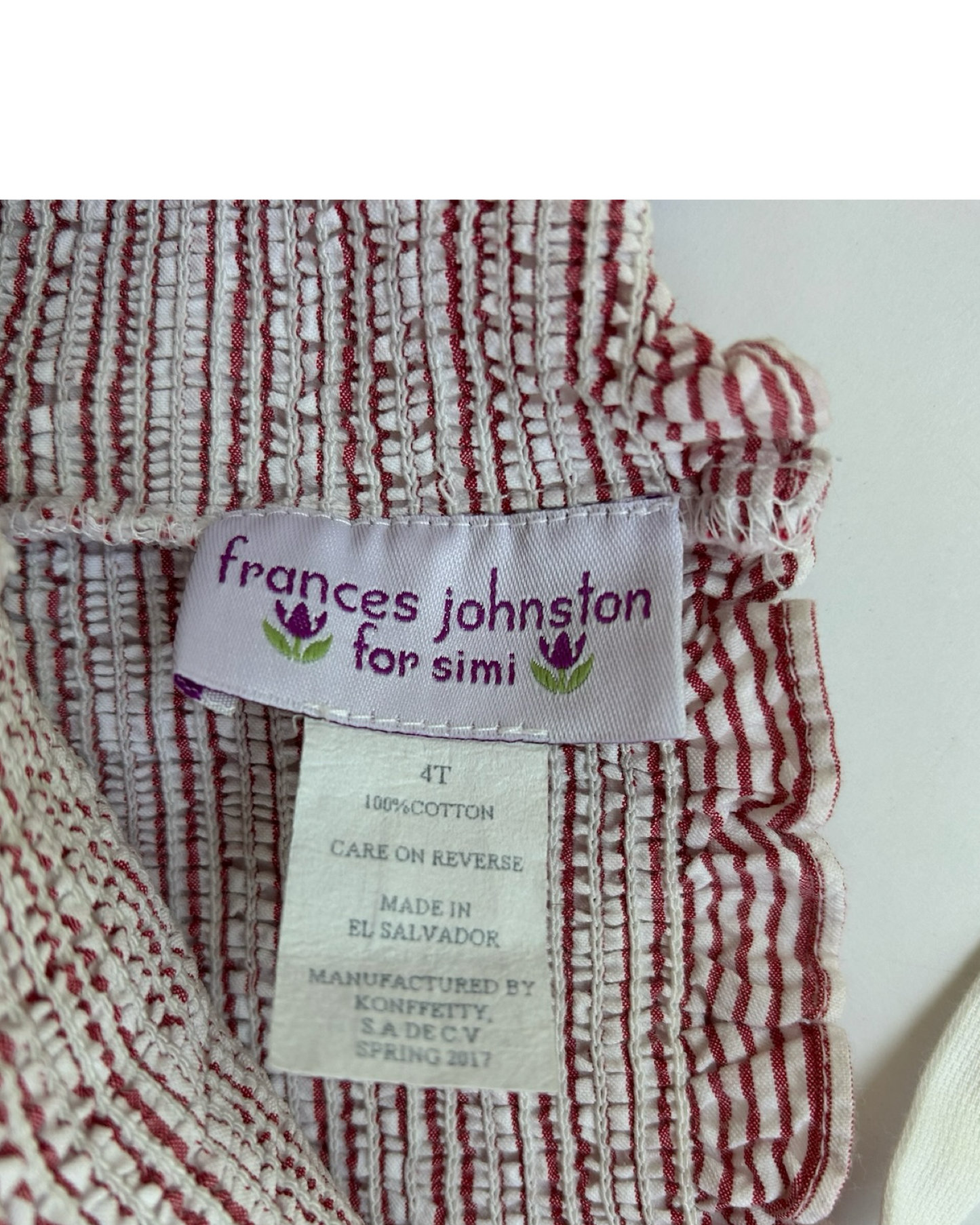 4T Toddlers Girls Frances Johnston  For Simi Striped Dress Whit Cherry Motif On Bodice And Gathered Skirt,