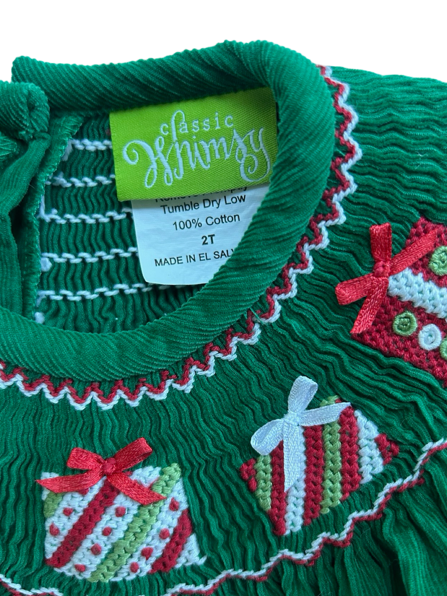 2T Toddler Girl Boutique Green Corduroy Smocked Classic Whimsy Holiday / Christmas Bubble Romper