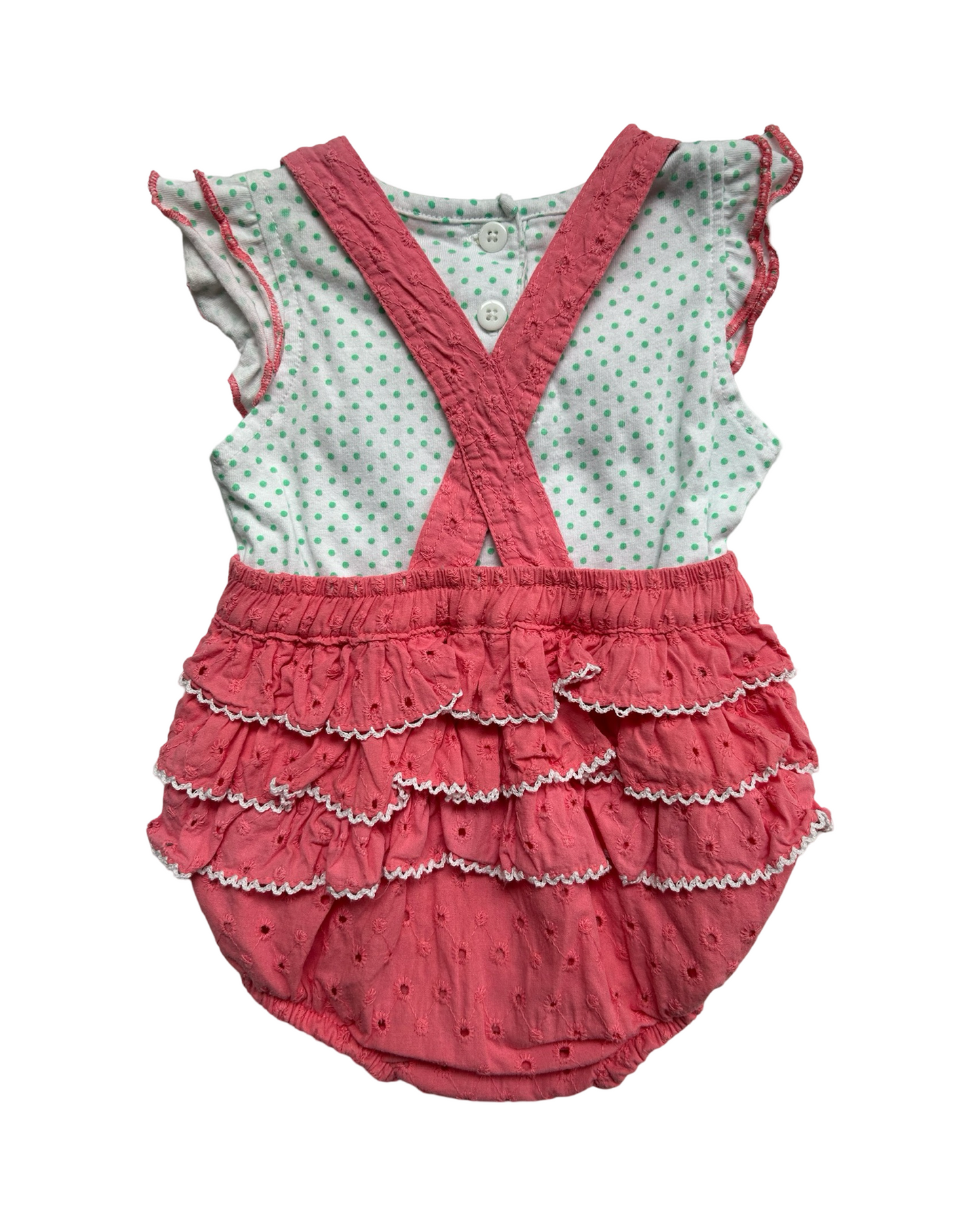 6-9M Baby Girl Pink Nanette Eyelet Rufflebutt Romper with Aqua Polkadot Shirt