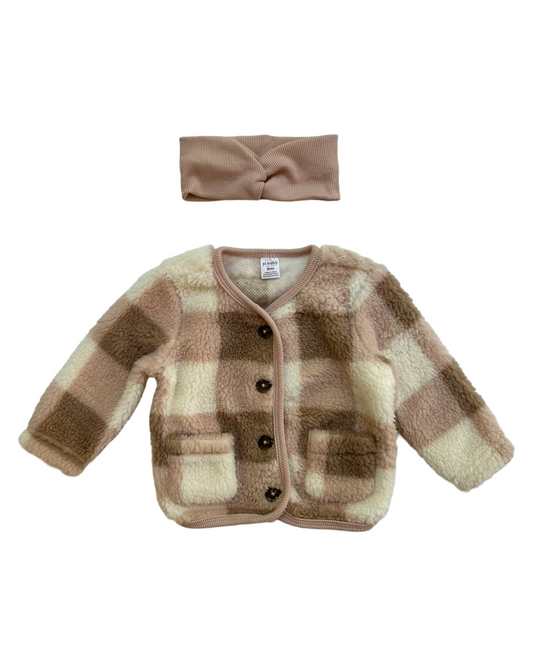 9M Baby Girls pl.baby Holiday Button Front Sherpa Jacket With Hair Accessories Head Bandana