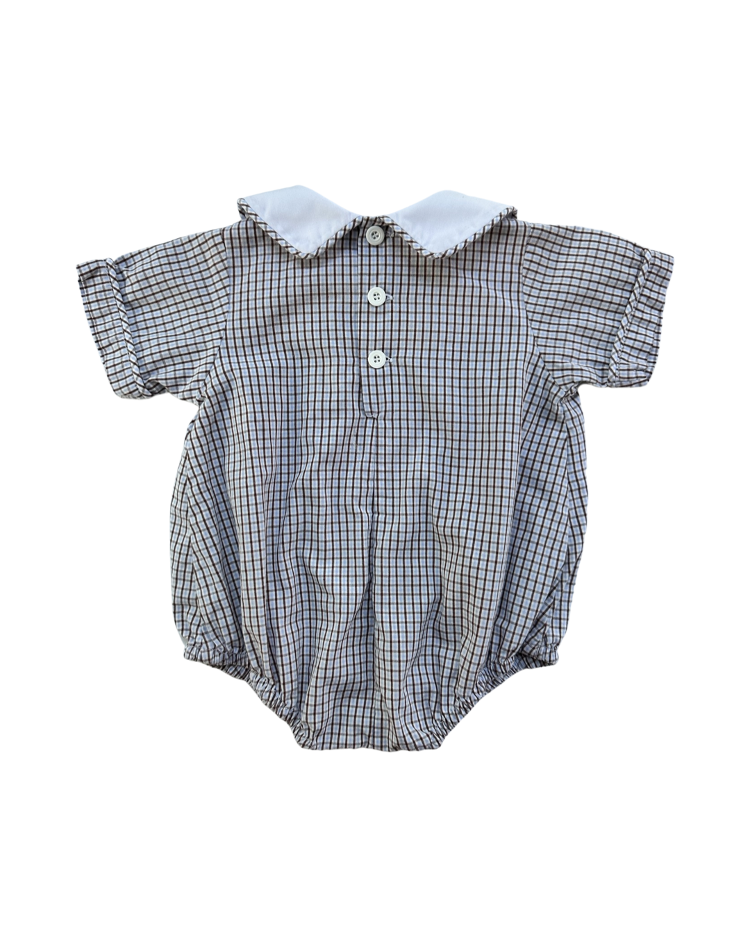 12M Baby Boy Boutique Remember Nguyen Brown and Light Blue Gingham Plaid Bubble with Classic Peter Pan Collar and Sand Castle Embroidery