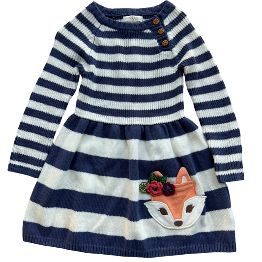 3T Toddler Girl Cynthia Rowley Blue / White Striped Sweater Fox Dress