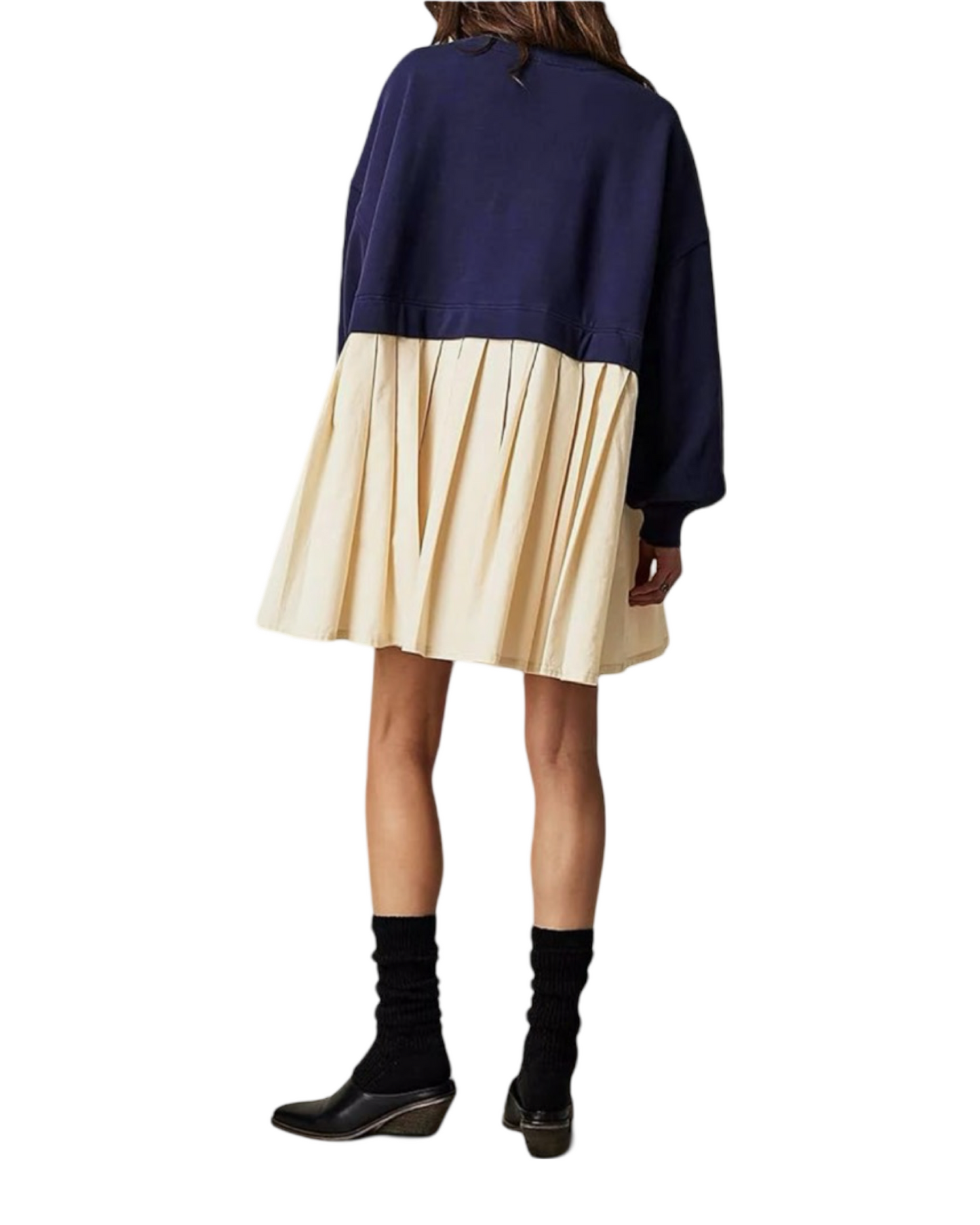 Women's Oversized Navy and Khaki Pleated Bottom Sweatshirt Dress Size Small