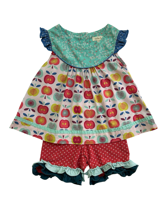 4T Toddler Girl Matilda Jane Lucia Shabby Apple Tunic Top And Polka Dots Ruffle Short 2 Piece Set.