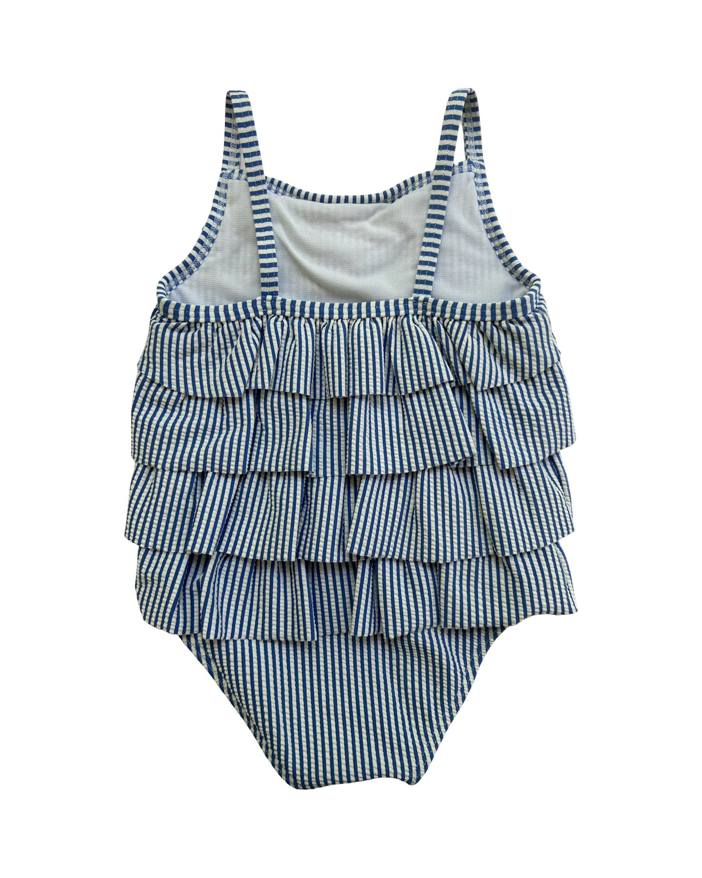 12M-18M Baby Girls Mini Boden Striped Seersucker Ruffle Swimsuit 🩱 One Piece